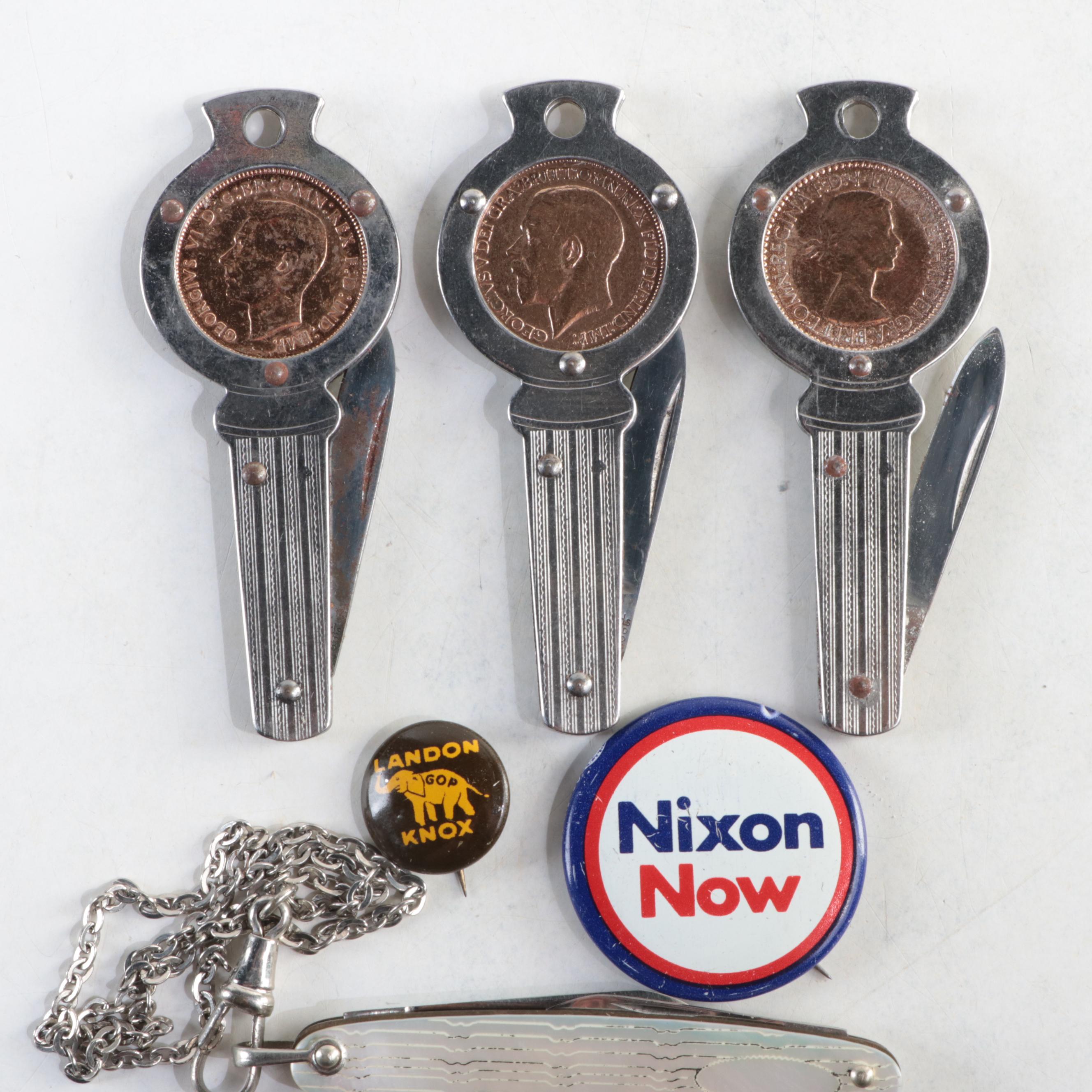 Mother-of-Pearl and Other Key Chain Pocket Knives with Pinbacks