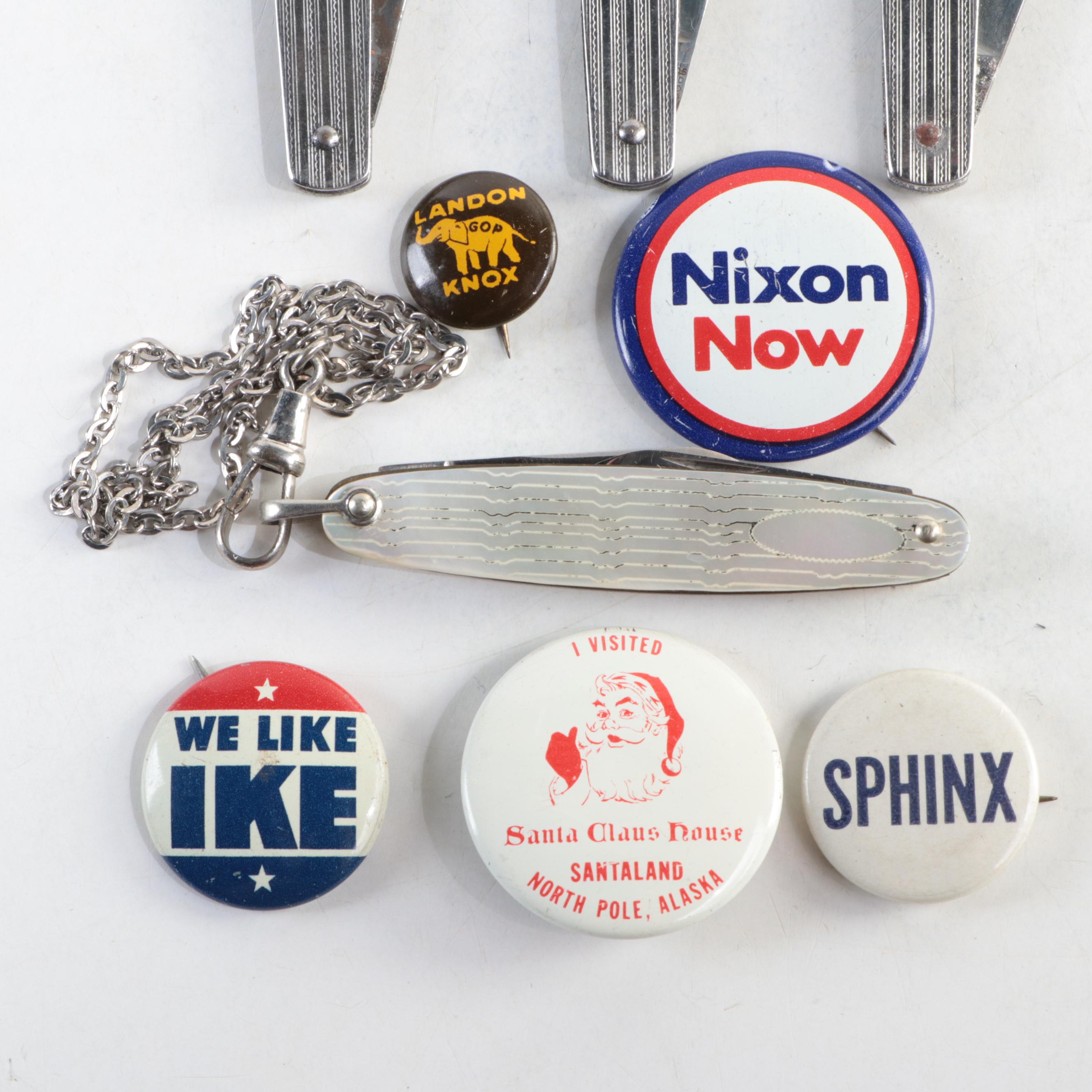 Mother-of-Pearl and Other Key Chain Pocket Knives with Pinbacks