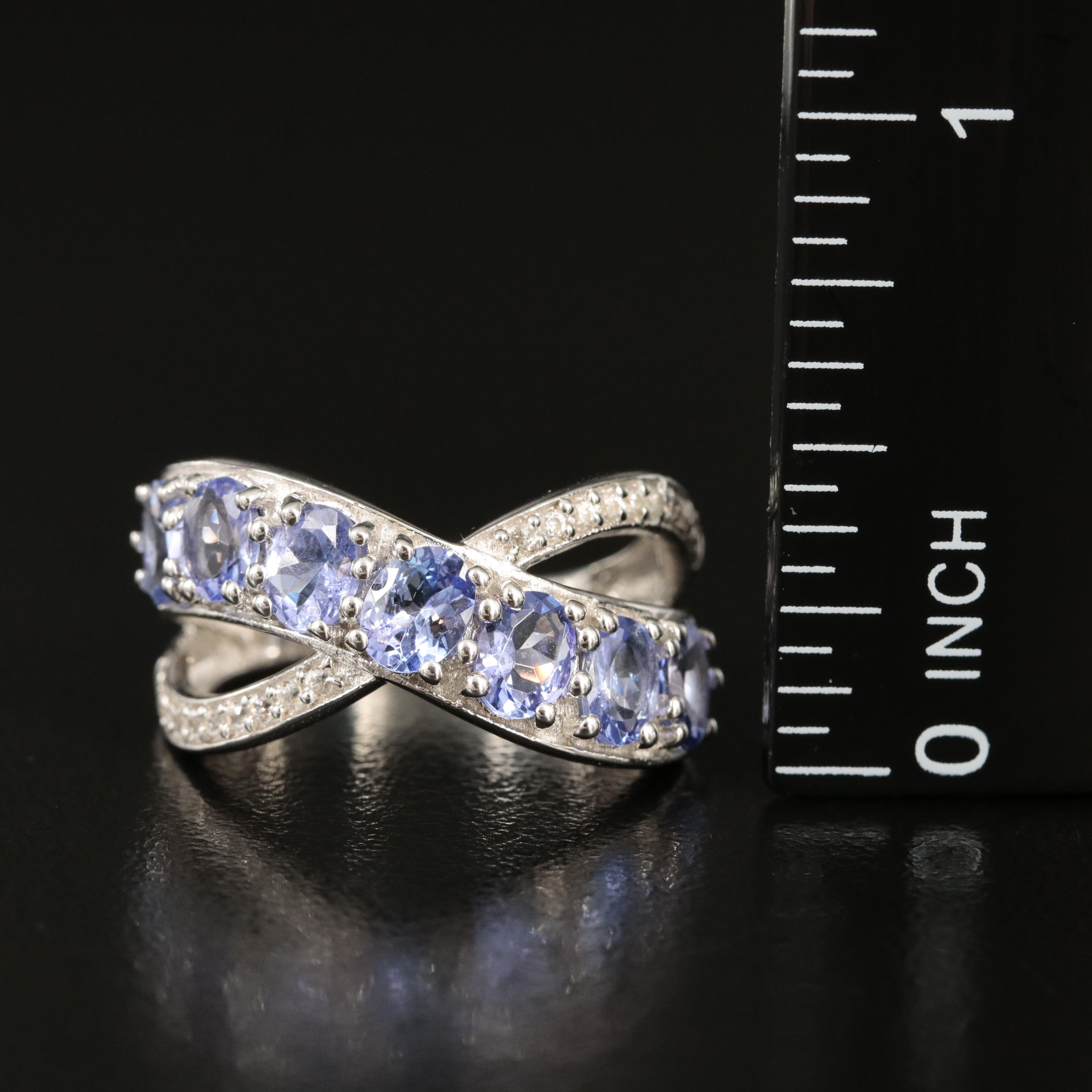 Sterling Tanzanite and White Zircon Crossover Ring