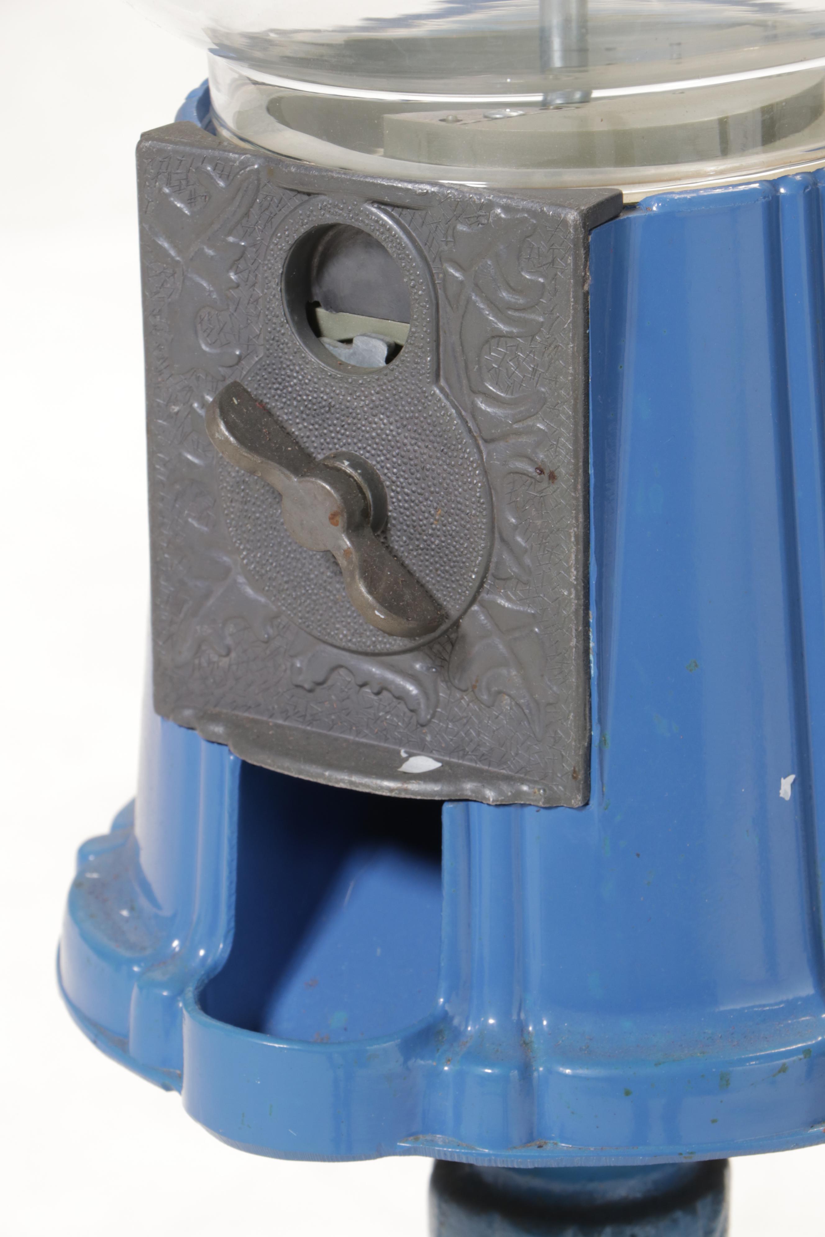 Blue Metal and Glass Gumball Machine on Stand, Mid to Late 20th Century