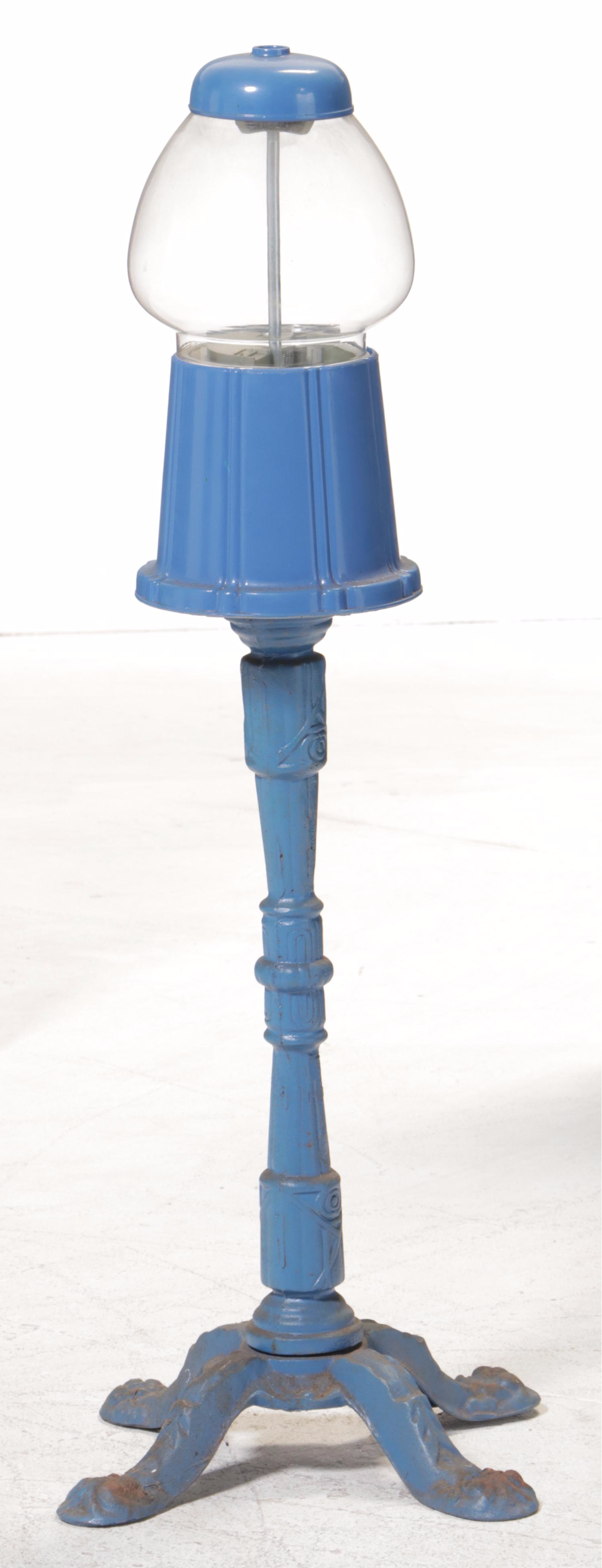 Blue Metal and Glass Gumball Machine on Stand, Mid to Late 20th Century