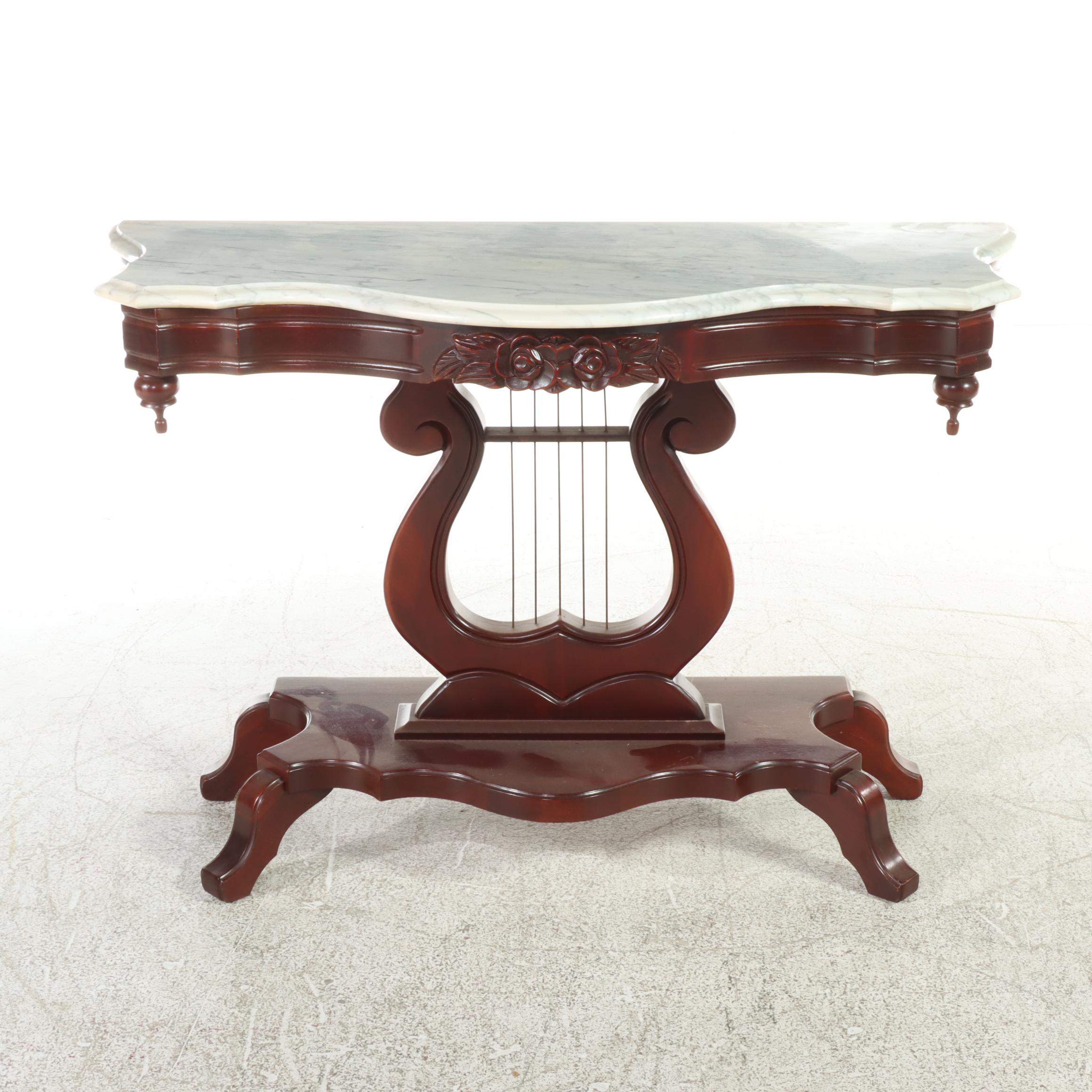 American Classical Style Mahogany, Marble Top, and Lyre-Base Console Table