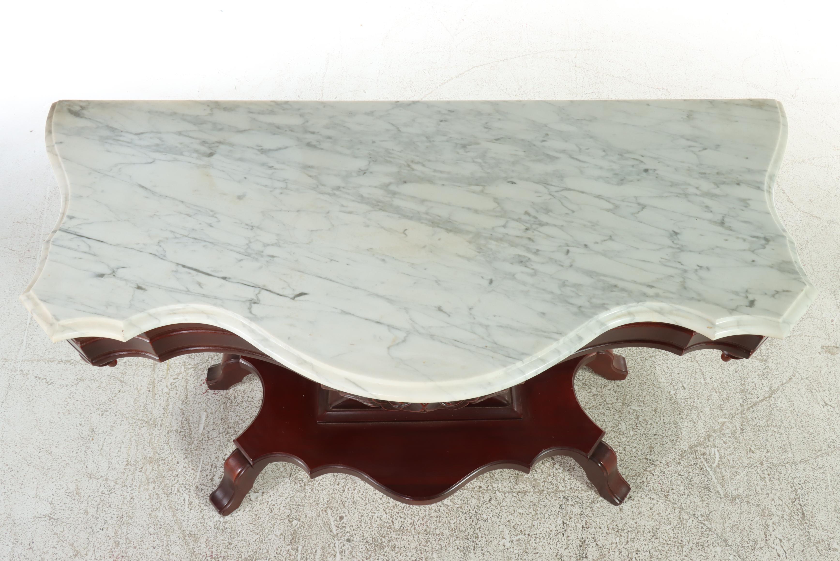 American Classical Style Mahogany, Marble Top, and Lyre-Base Console Table