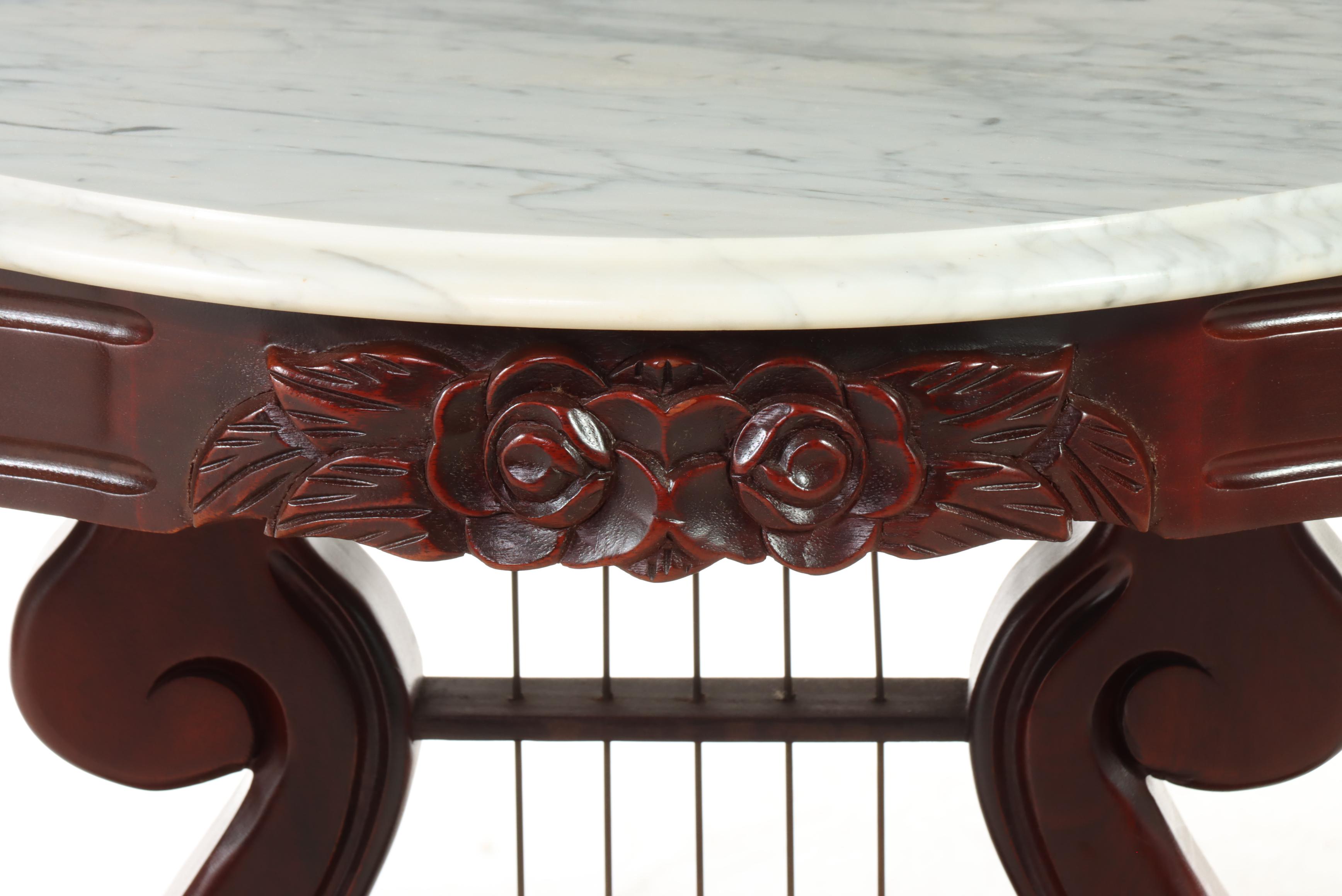 American Classical Style Mahogany, Marble Top, and Lyre-Base Console Table