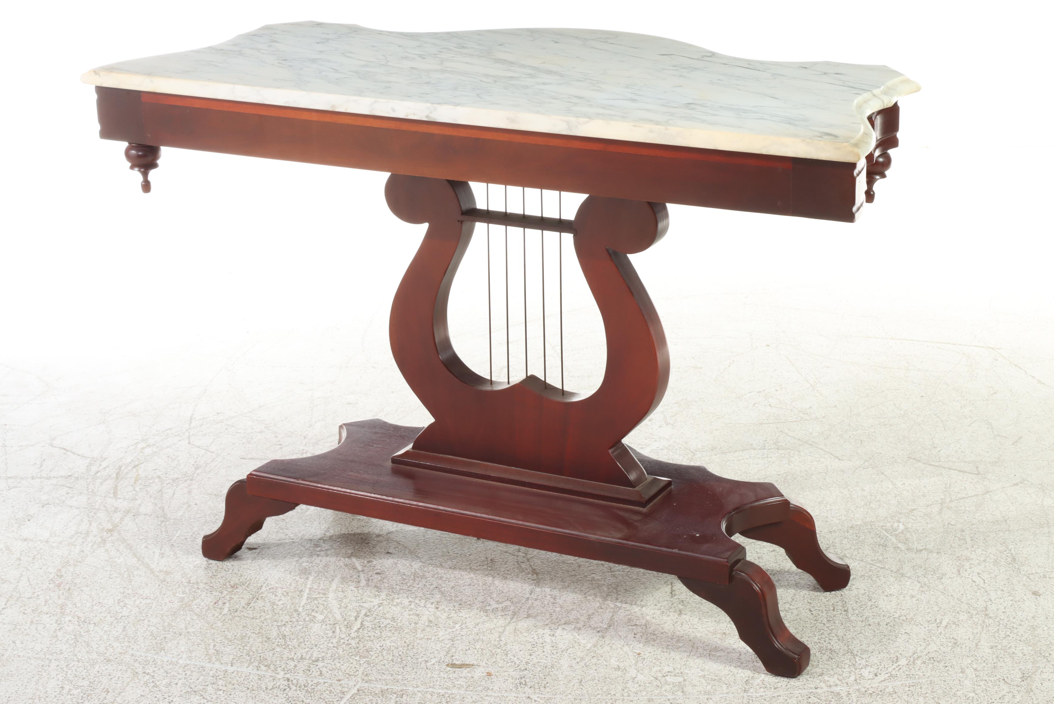 American Classical Style Mahogany, Marble Top, and Lyre-Base Console Table