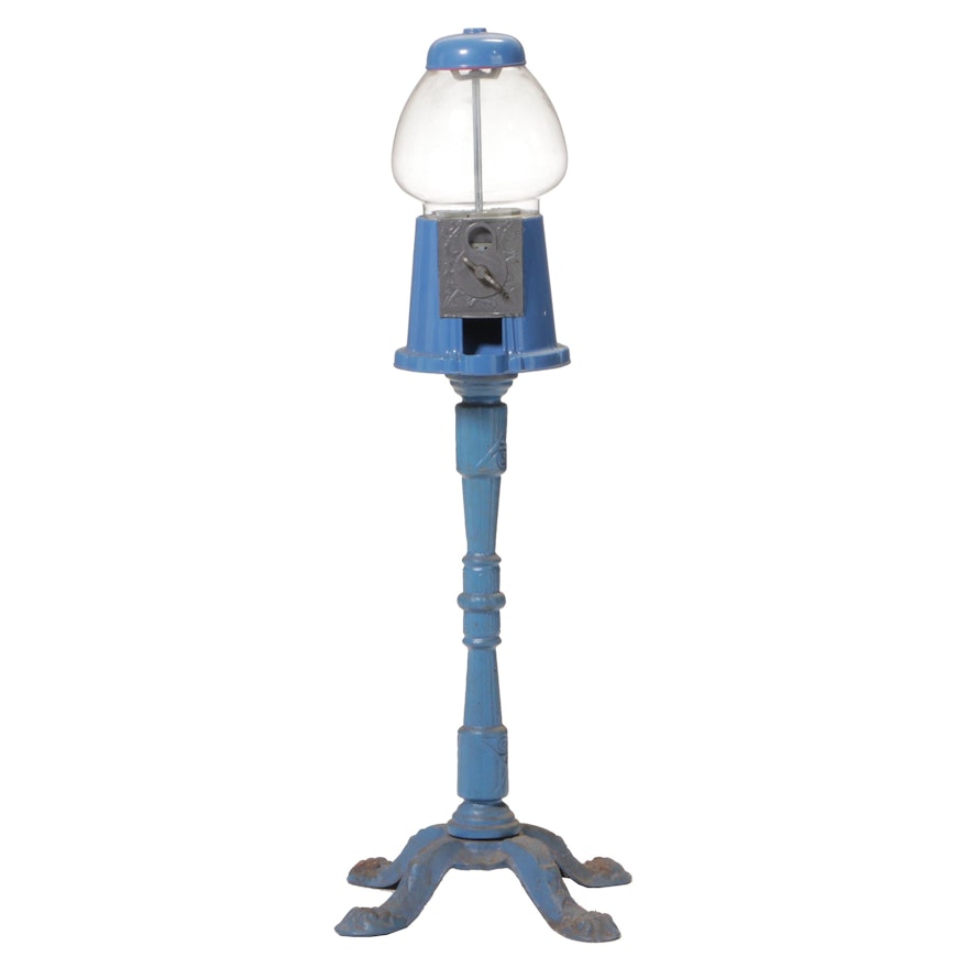 Blue Metal and Glass Gumball Machine on Stand, Mid to Late 20th Century