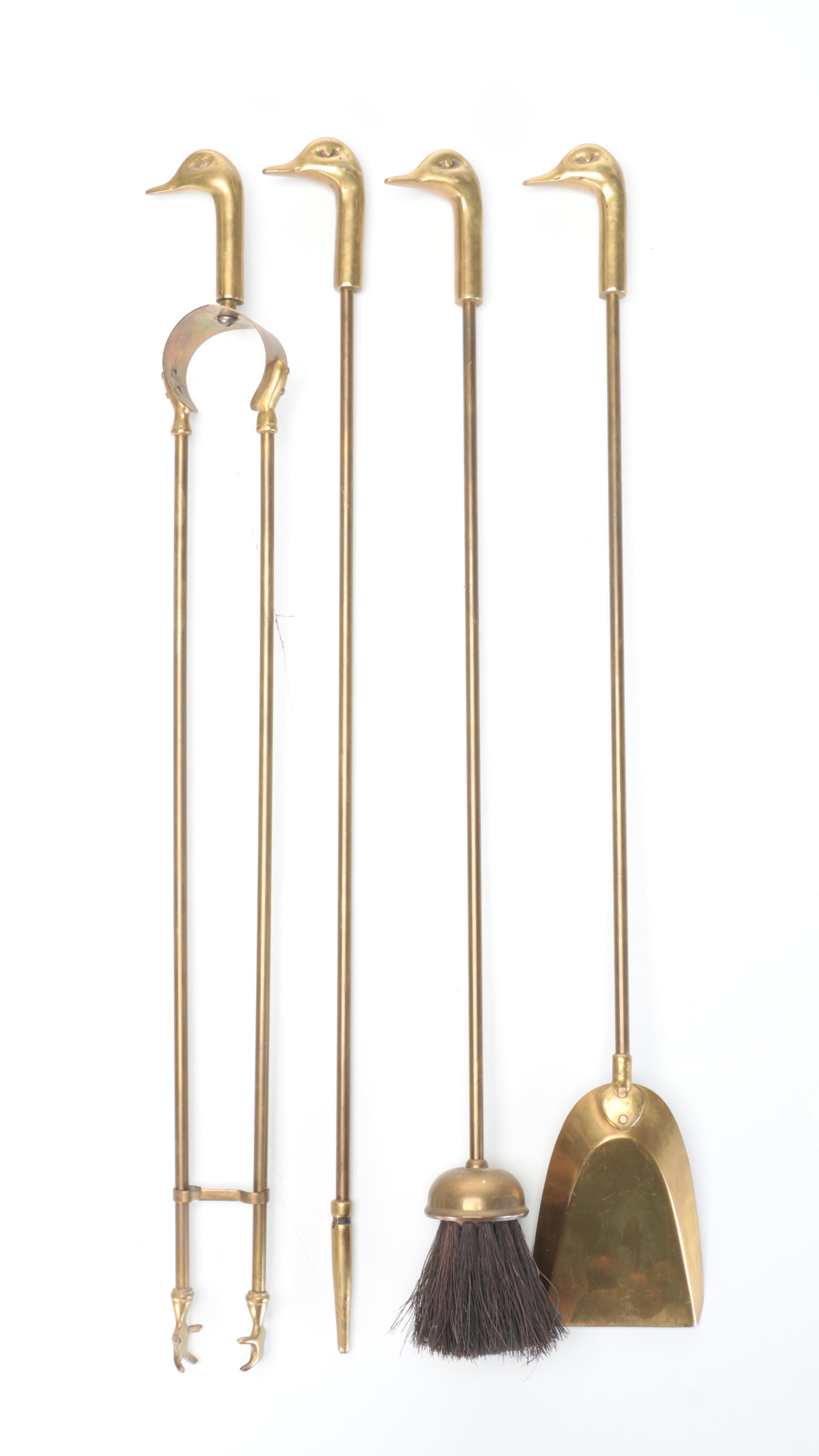 Brass Duck Head Fireplace Tool Set, Mid to Late 20th Century