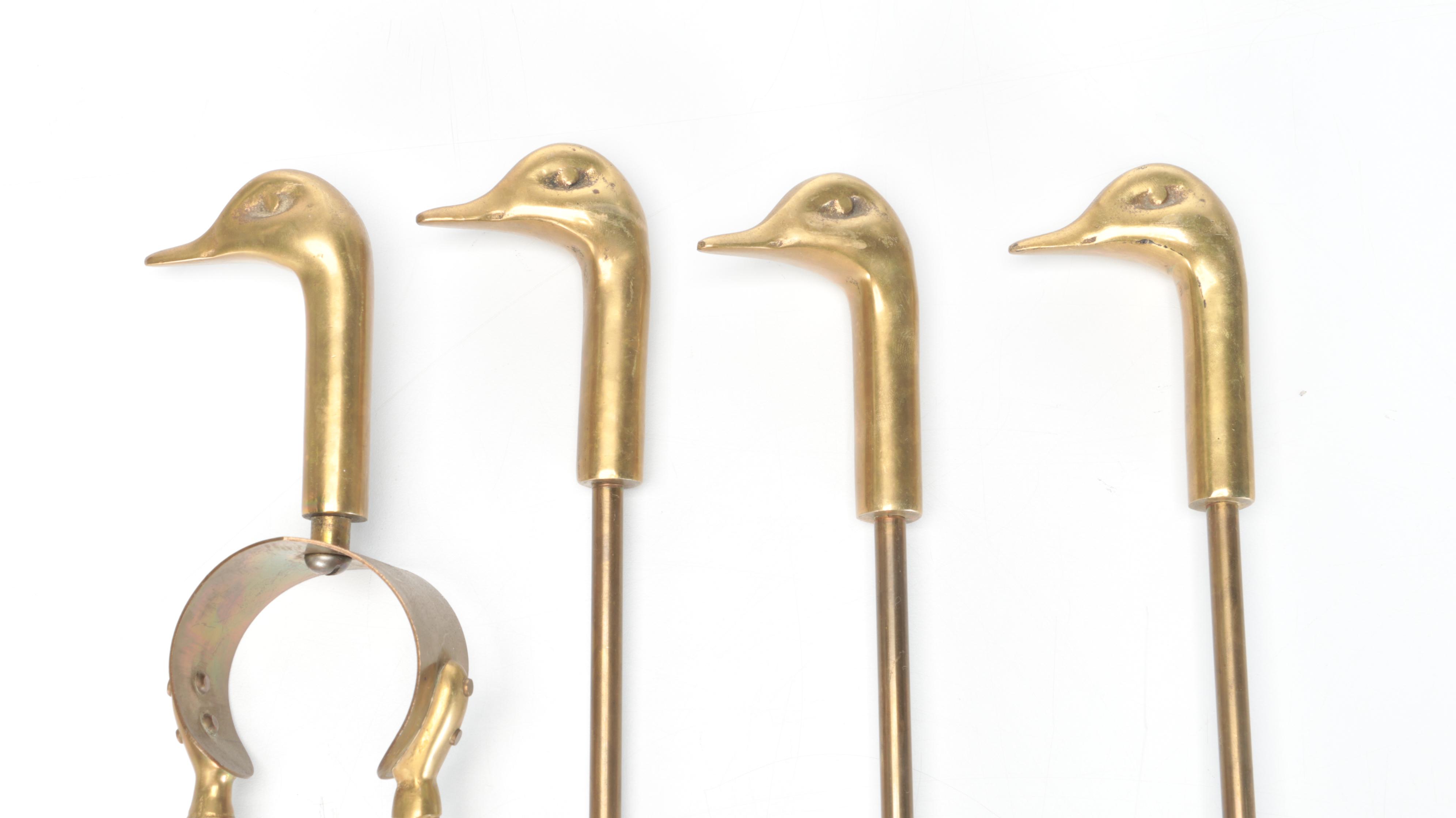 Brass Duck Head Fireplace Tool Set, Mid to Late 20th Century