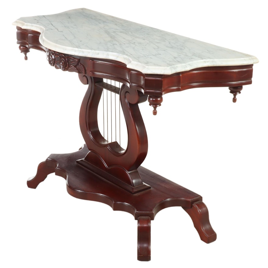 American Classical Style Mahogany, Marble Top, and Lyre-Base Console Table