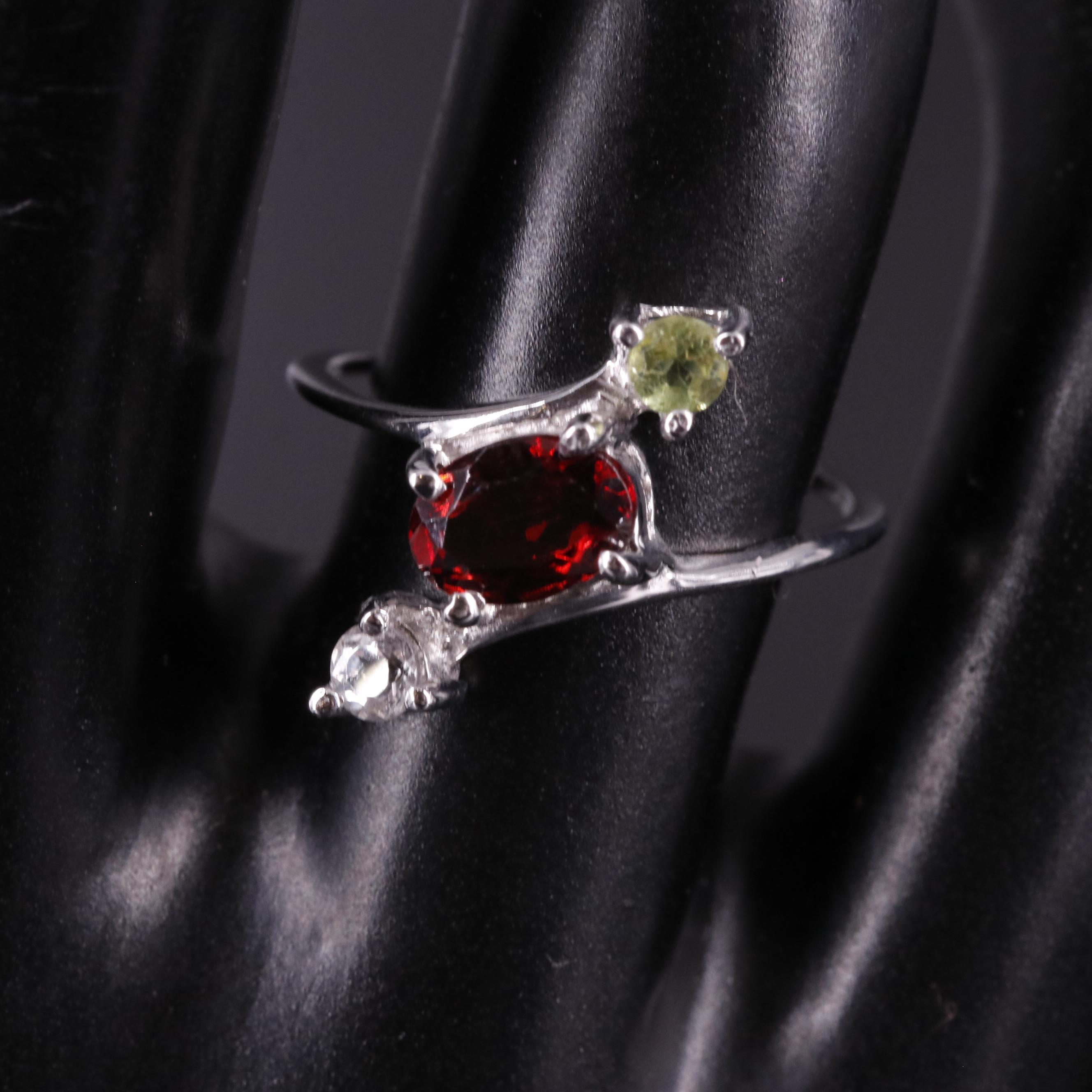 Sterling Garnet, Peridot, and White Topaz Ring