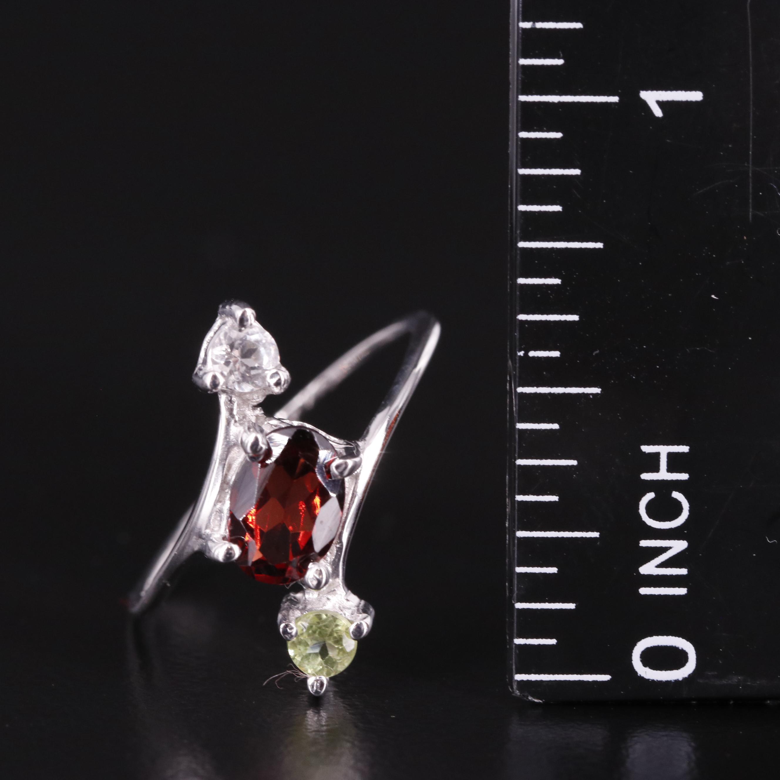 Sterling Garnet, Peridot, and White Topaz Ring