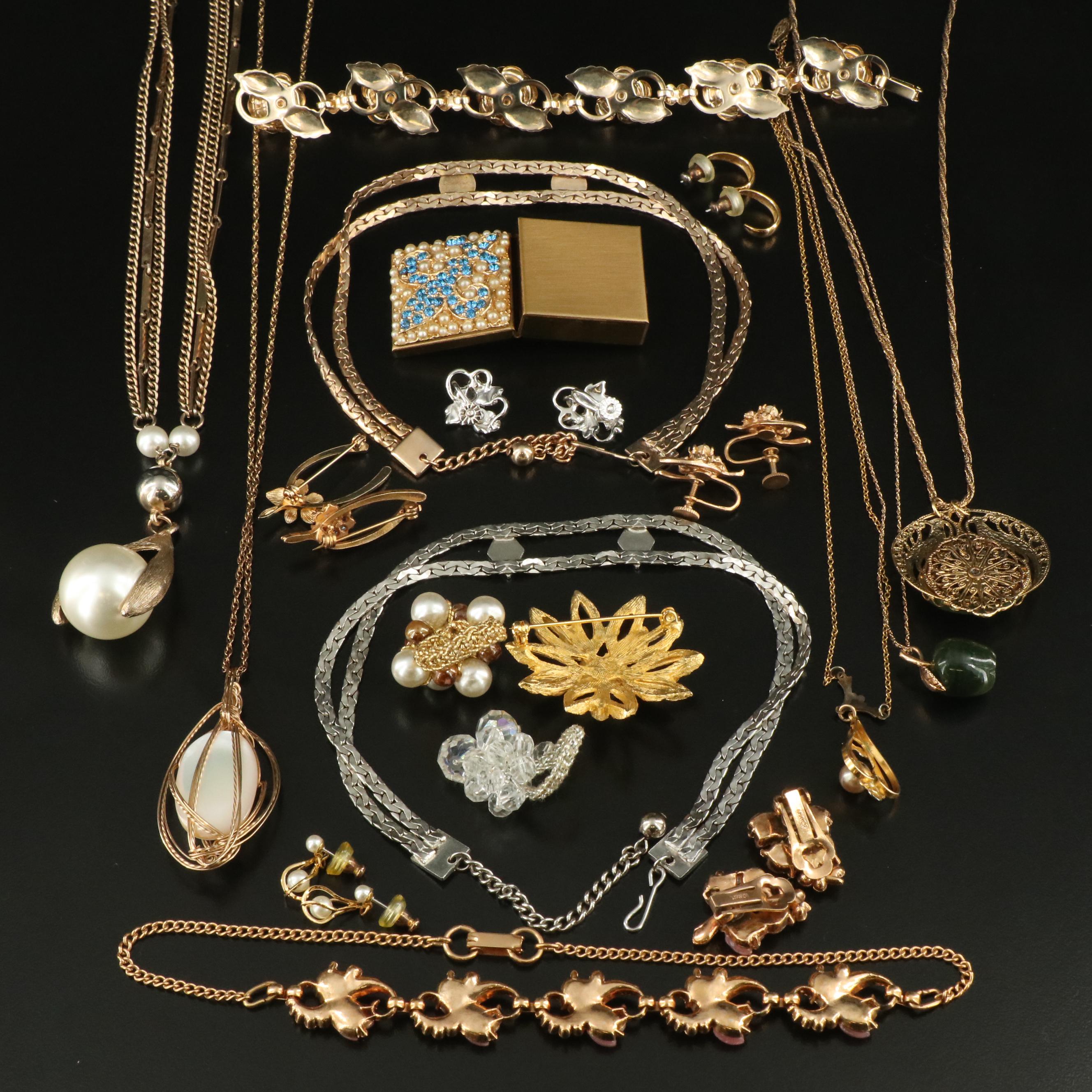 Nephrite and Faux Pearl Included in Vintage Jewelry Grouping