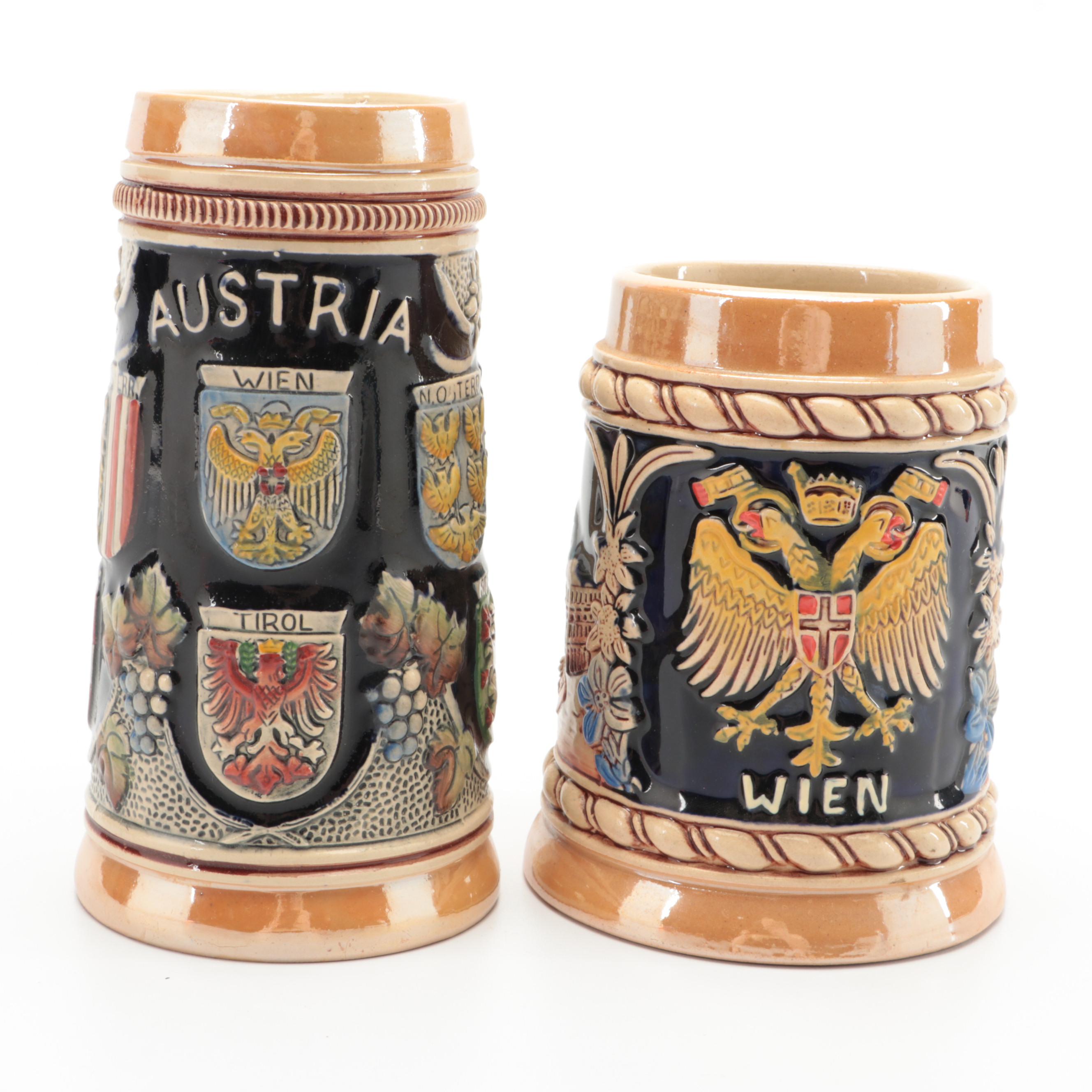 Original King Glazed Stoneware Austria and Vienna Beer Steins
