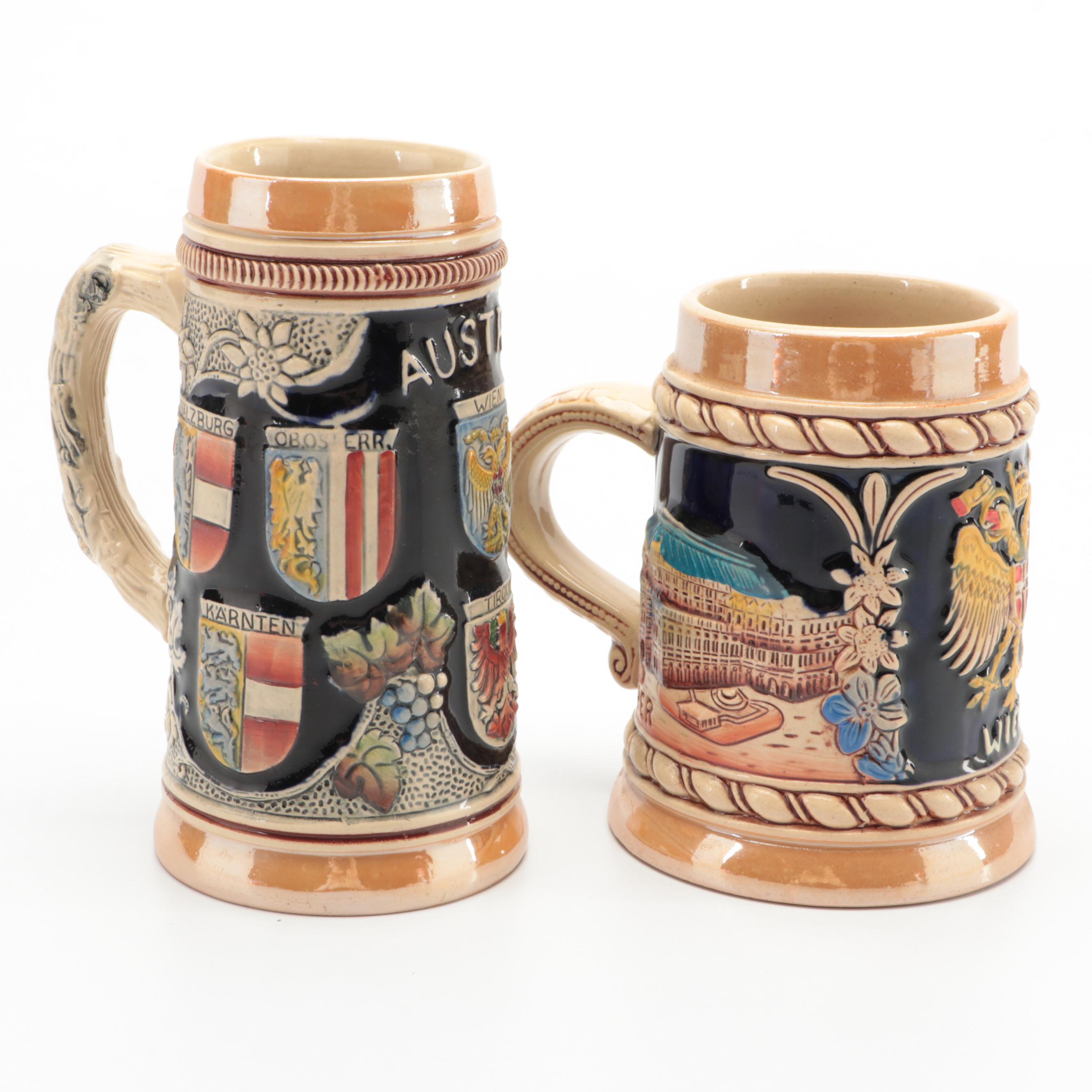 Original King Glazed Stoneware Austria and Vienna Beer Steins