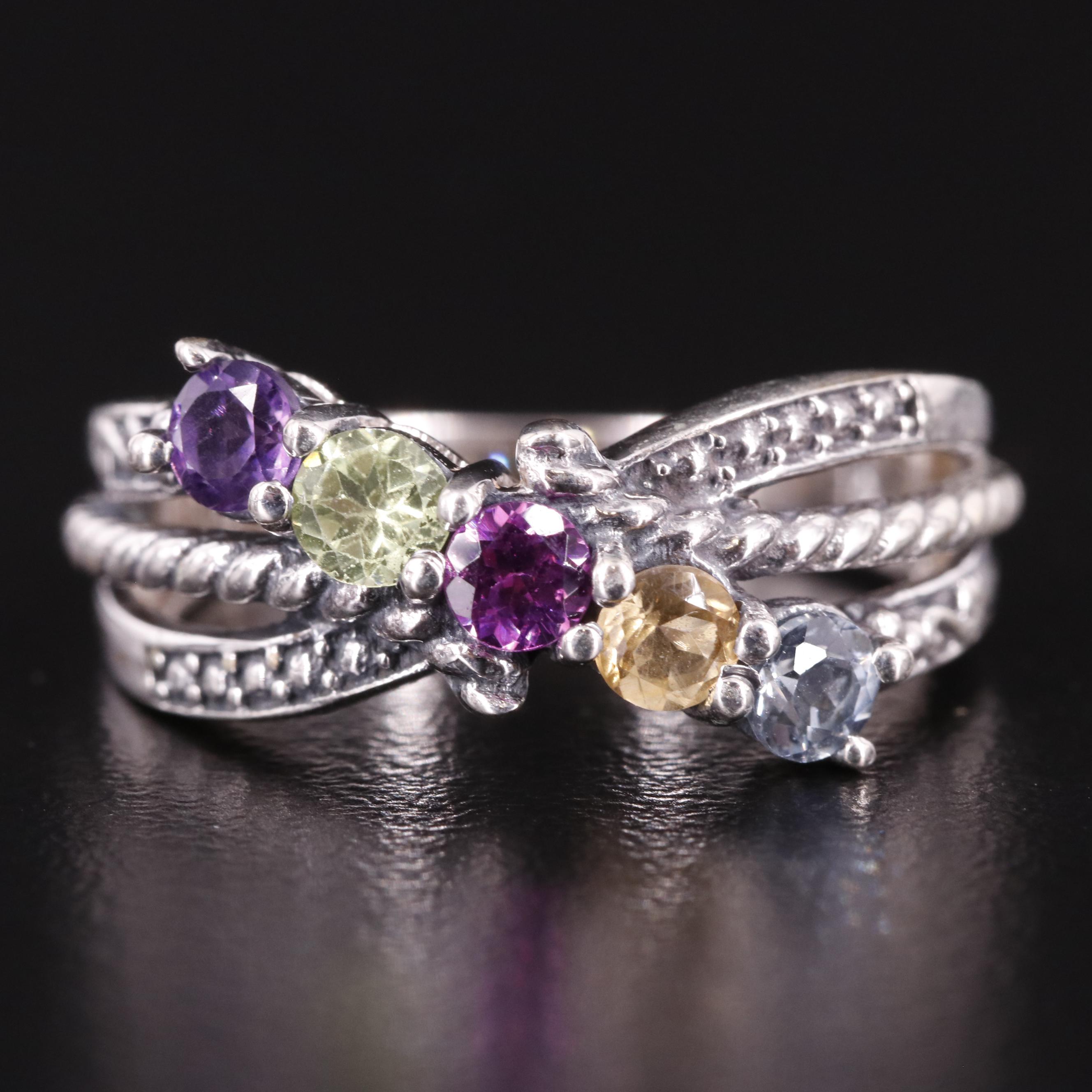 Sterling Citrine, Amethyst, Peridot, and Additional Gemstones Crossover Ring