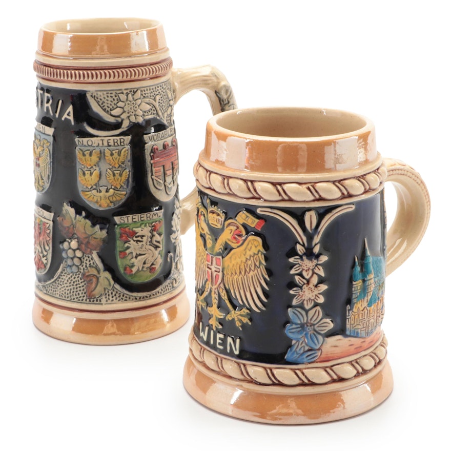 Original King Glazed Stoneware Austria and Vienna Beer Steins