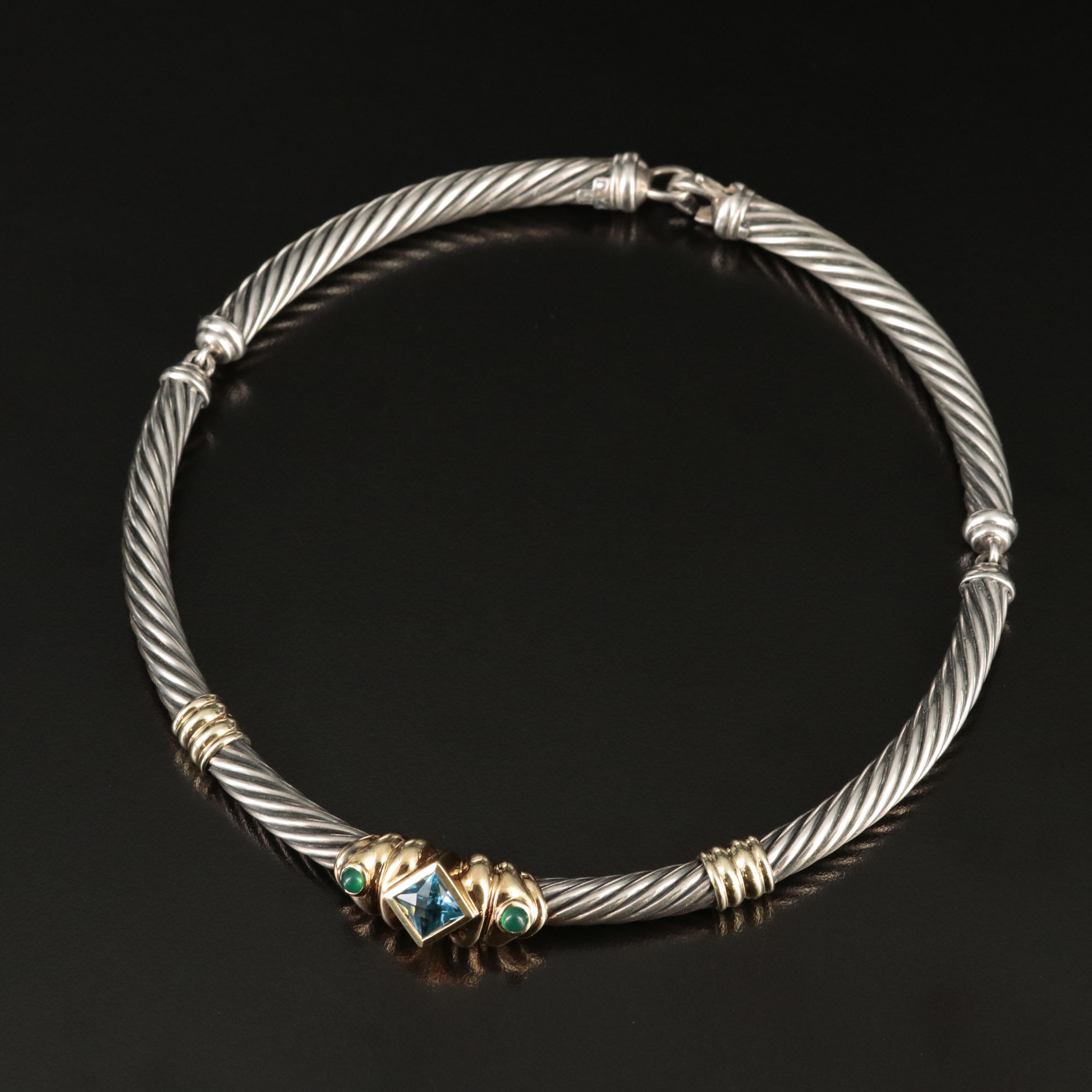 David Yurman Sterling Swiss Blue Topaz and Chalcedony Necklace with 14K Accents