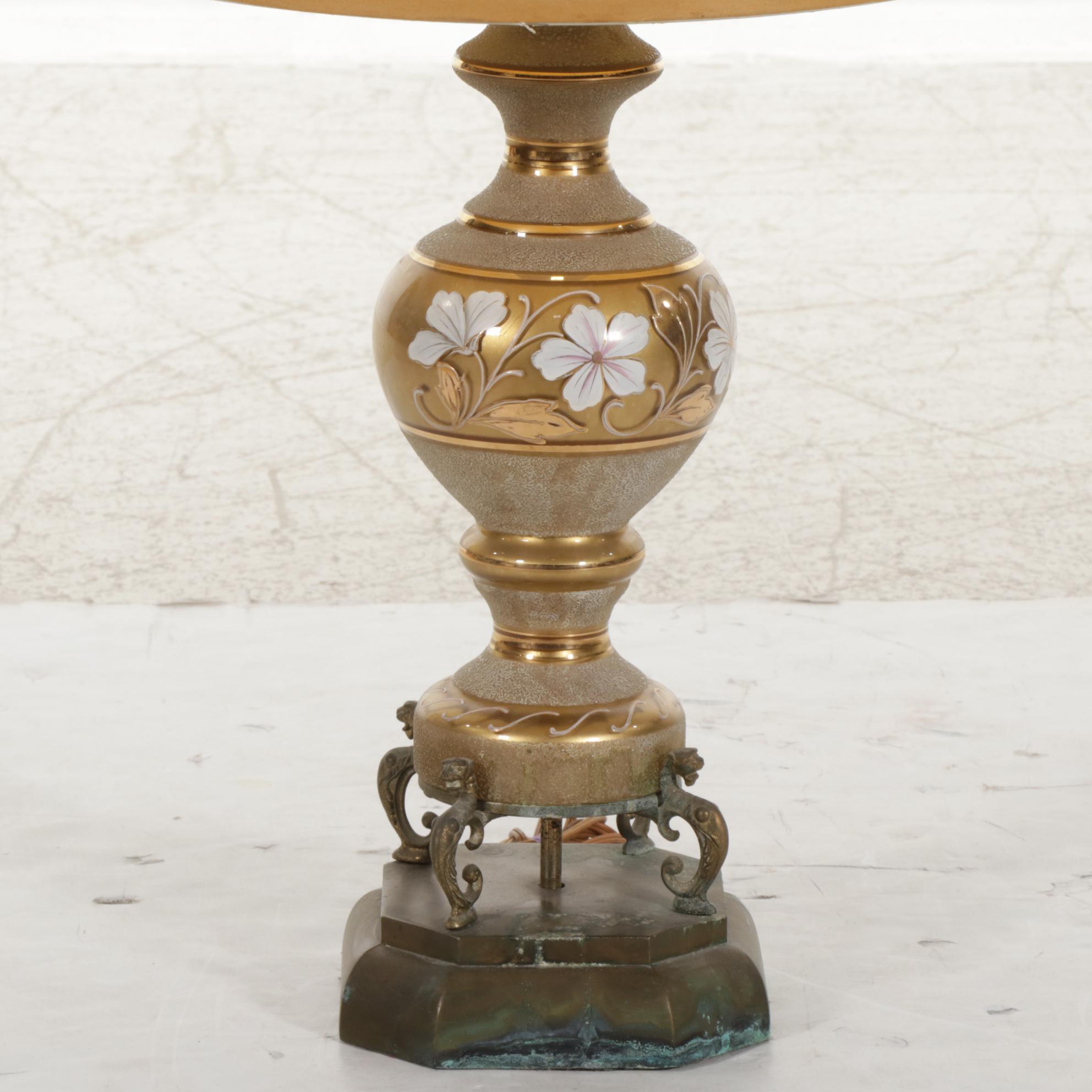Hand-Painted Gilt Glass and Brass Table Lamp With Custom Shade