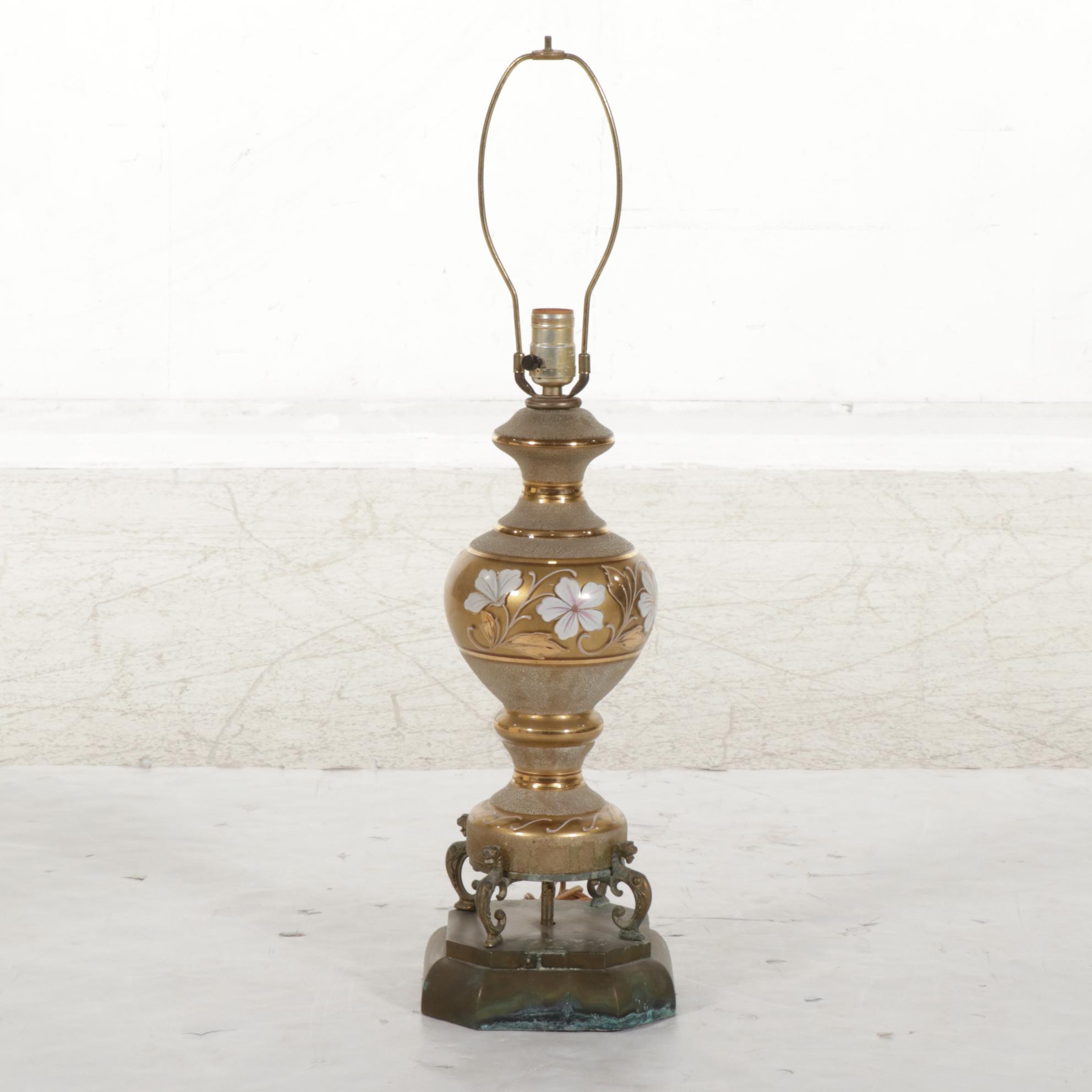 Hand-Painted Gilt Glass and Brass Table Lamp With Custom Shade