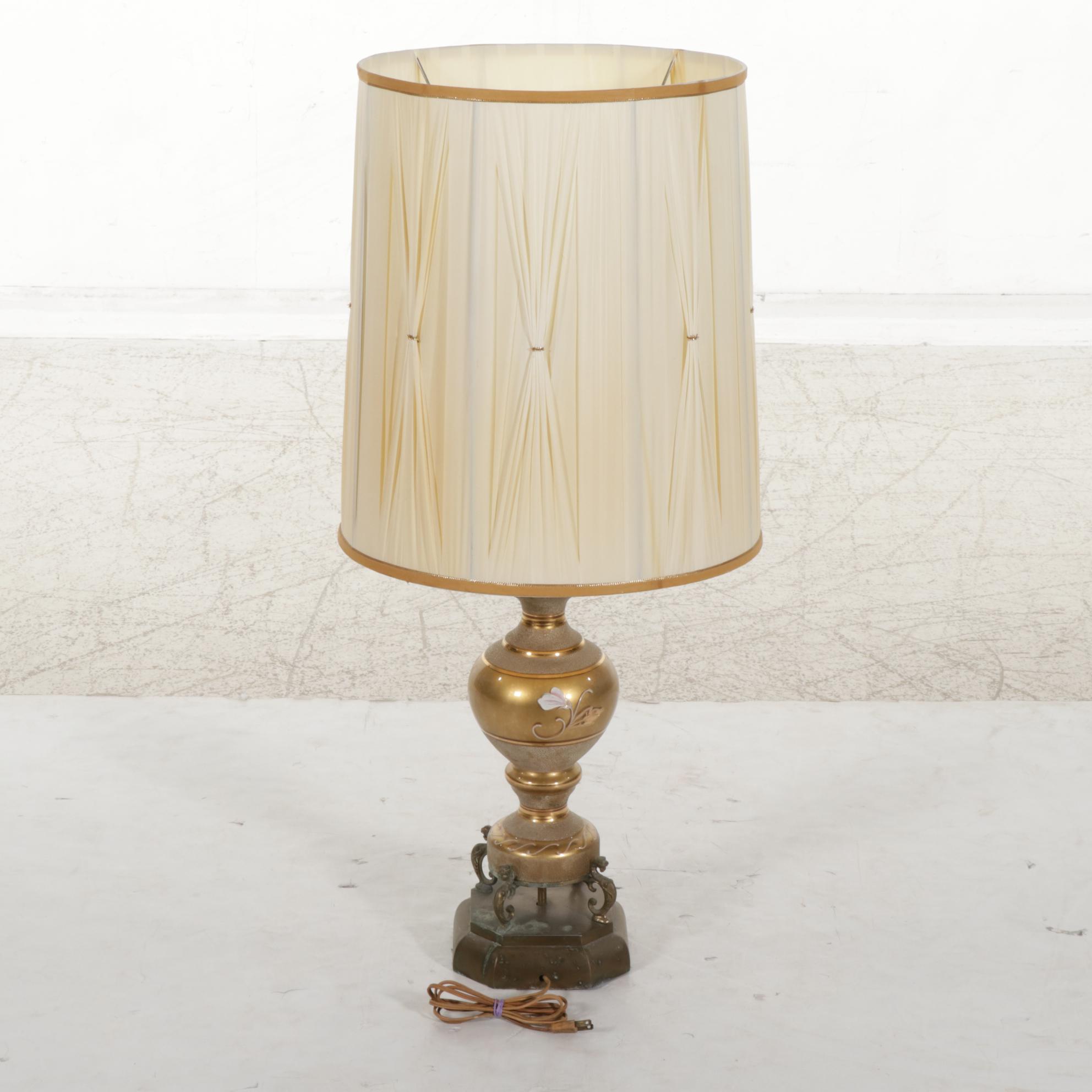 Hand-Painted Gilt Glass and Brass Table Lamp With Custom Shade