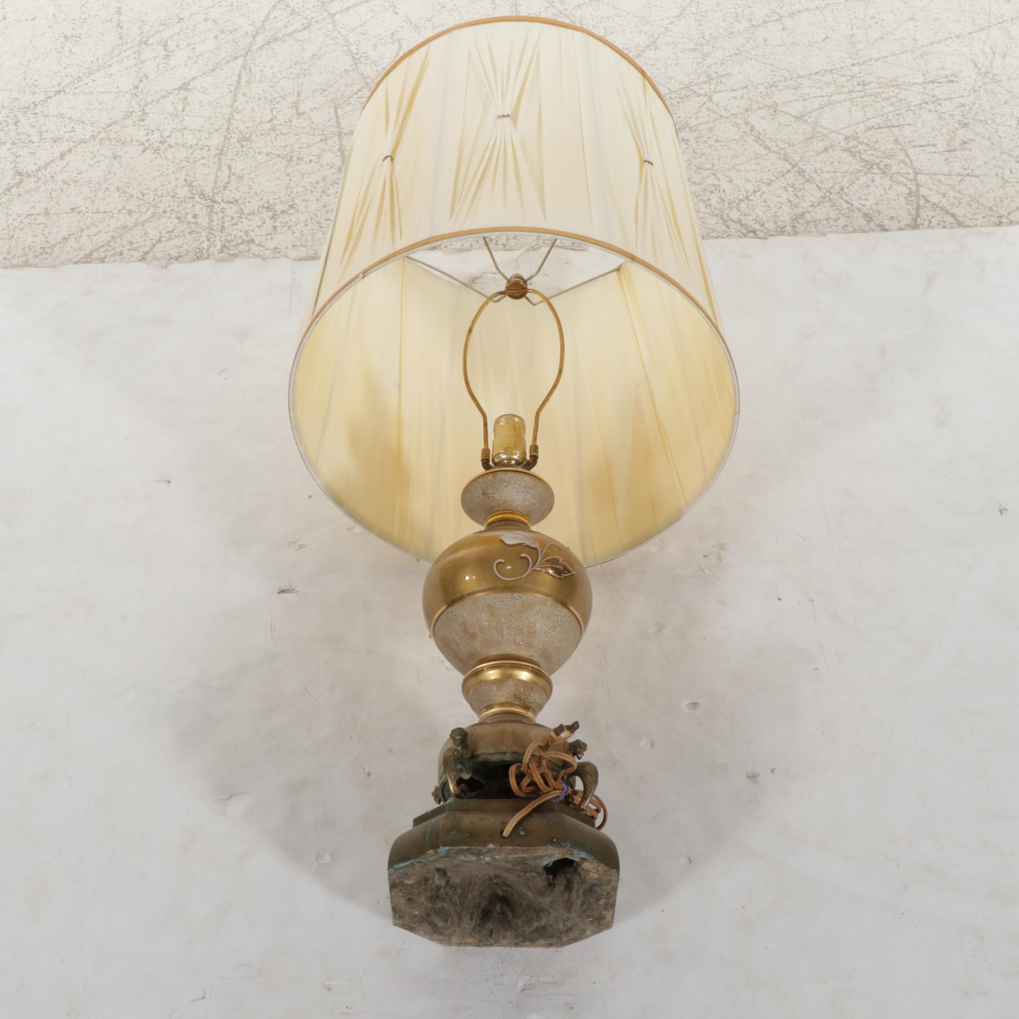 Hand-Painted Gilt Glass and Brass Table Lamp With Custom Shade