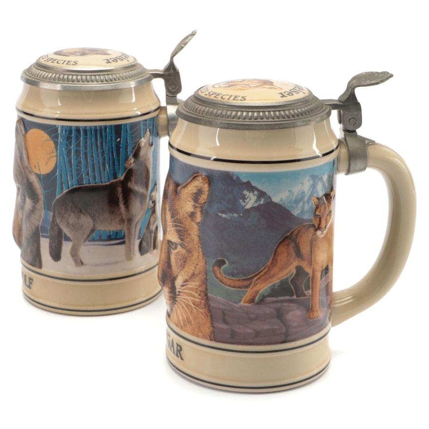 Budweiser Endangered Species "Gray Wolf" and "Cougar" Beer Steins