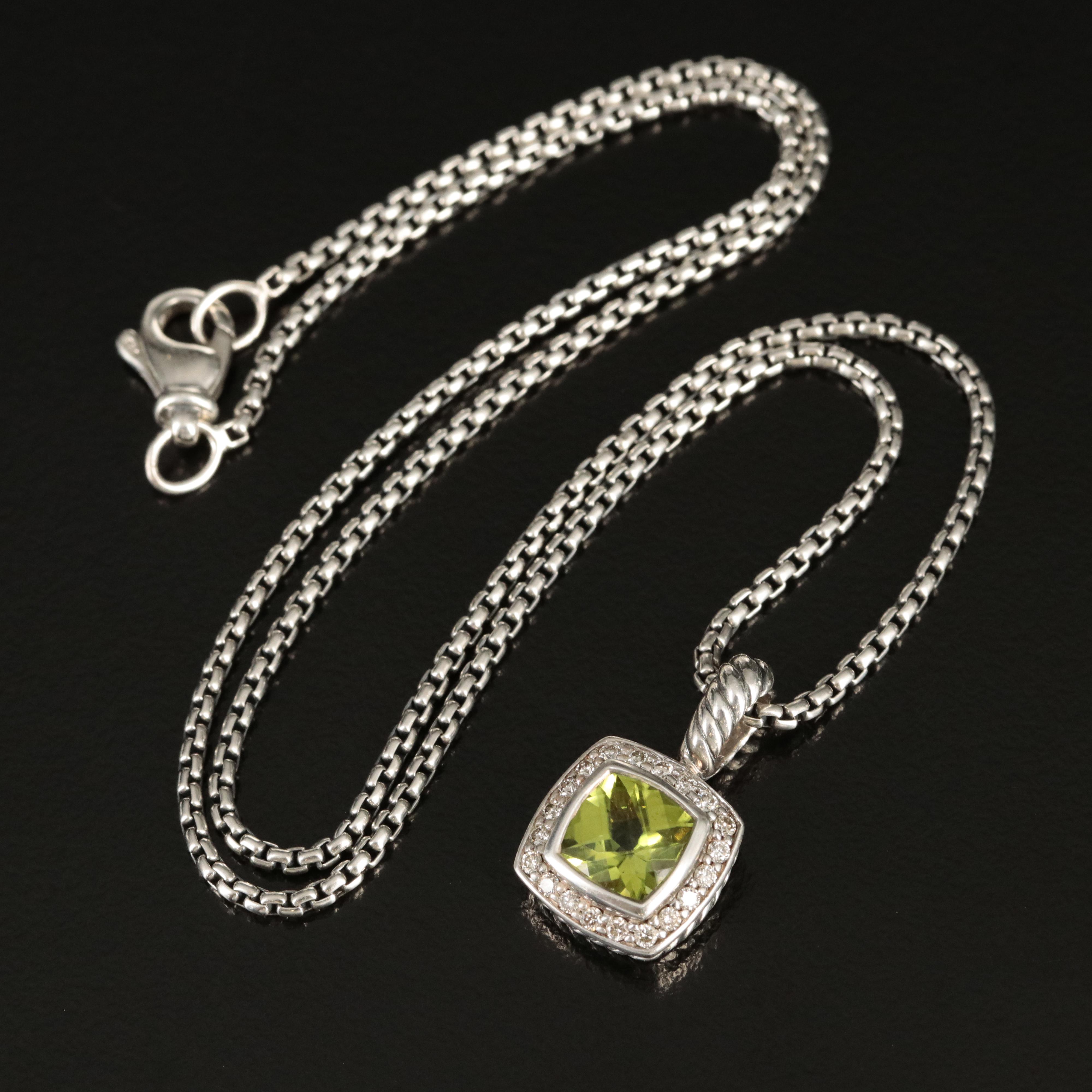 David Yurman "Albion" Sterling Peridot and Diamond Pendant Necklace