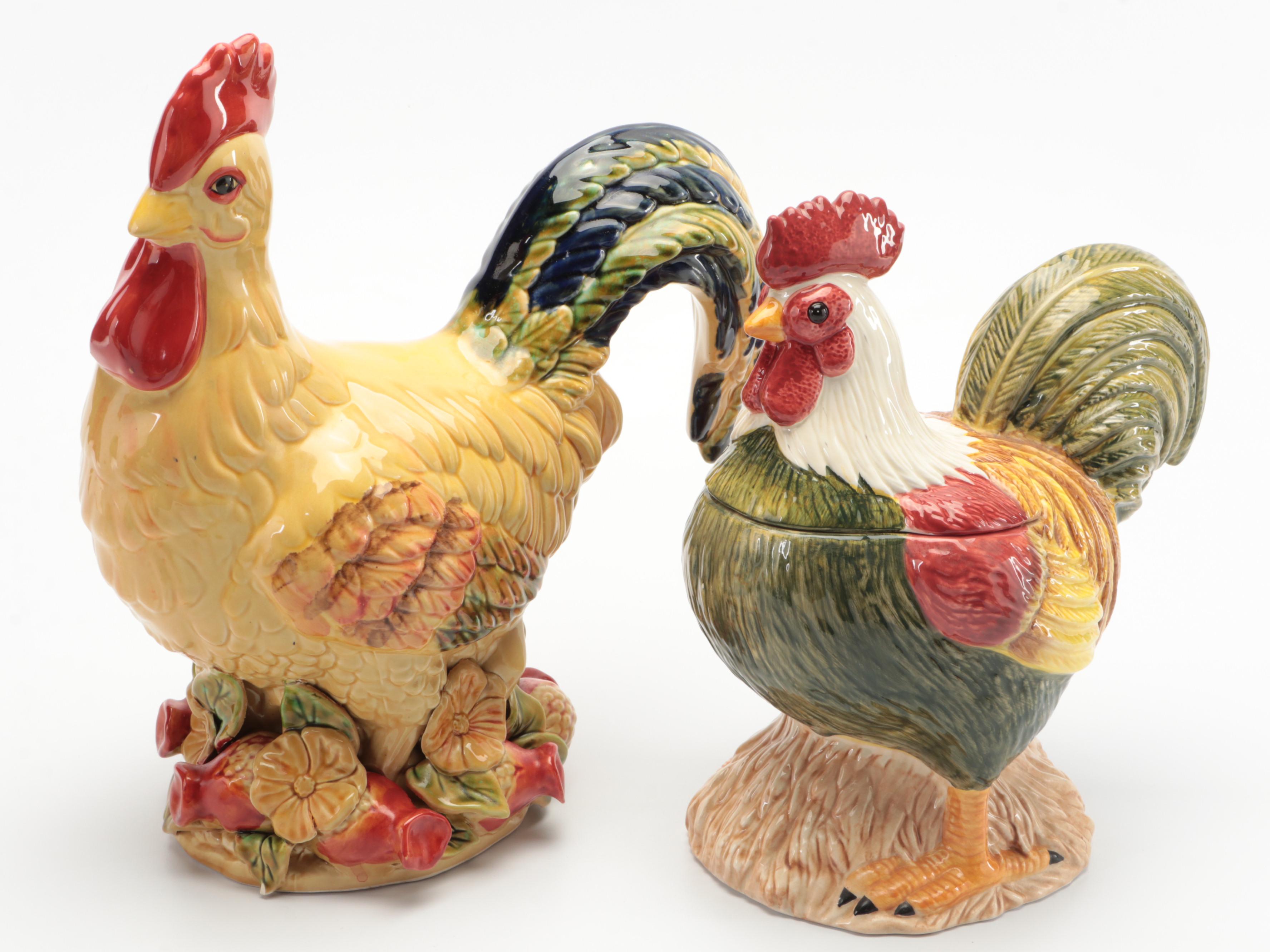 Hand-Painted Ceramic Rooster Jar, Basket and Figurines