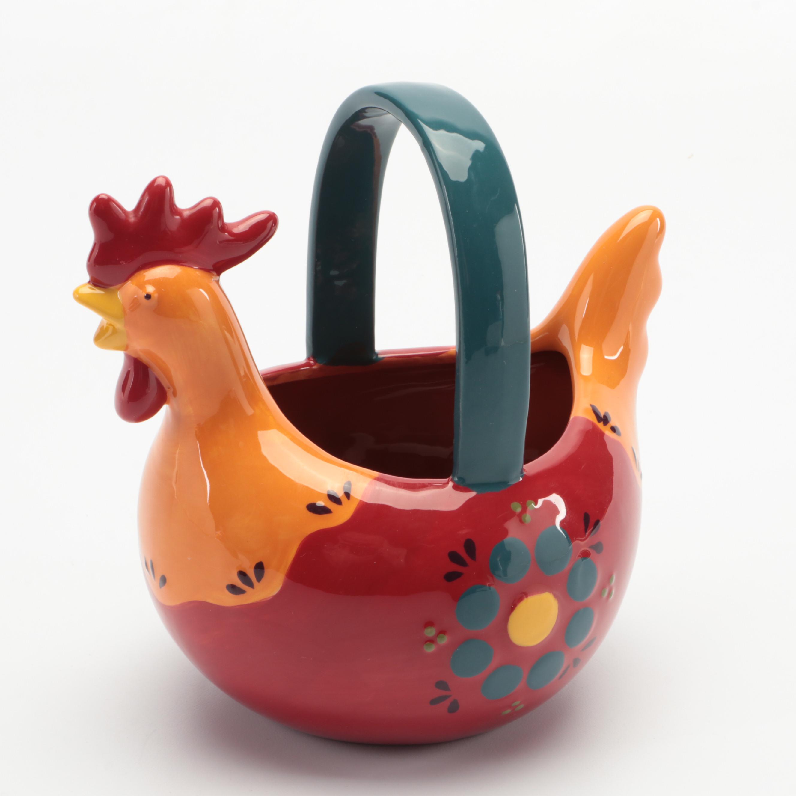 Hand-Painted Ceramic Rooster Jar, Basket and Figurines