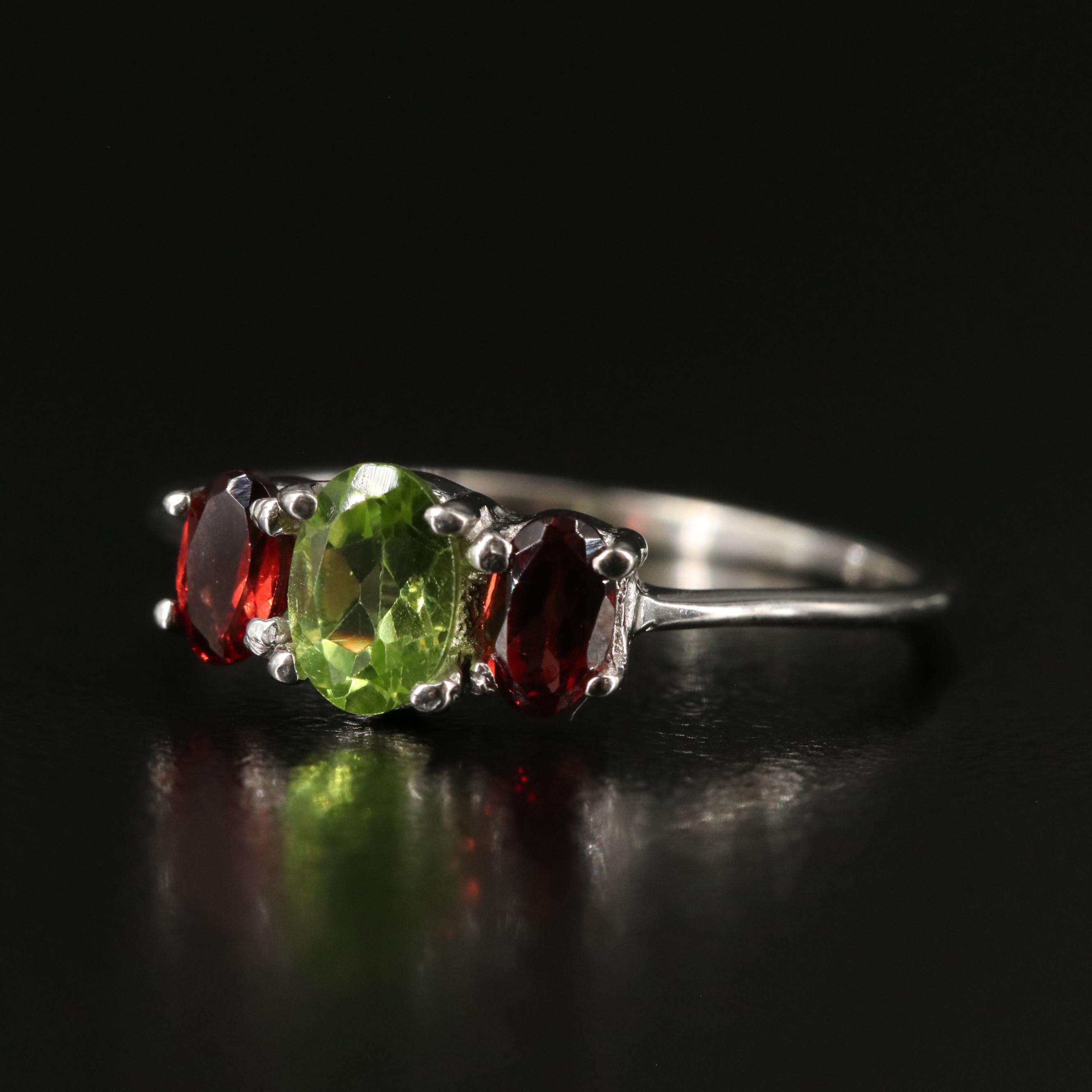 Sterling Peridot and Garnet Ring