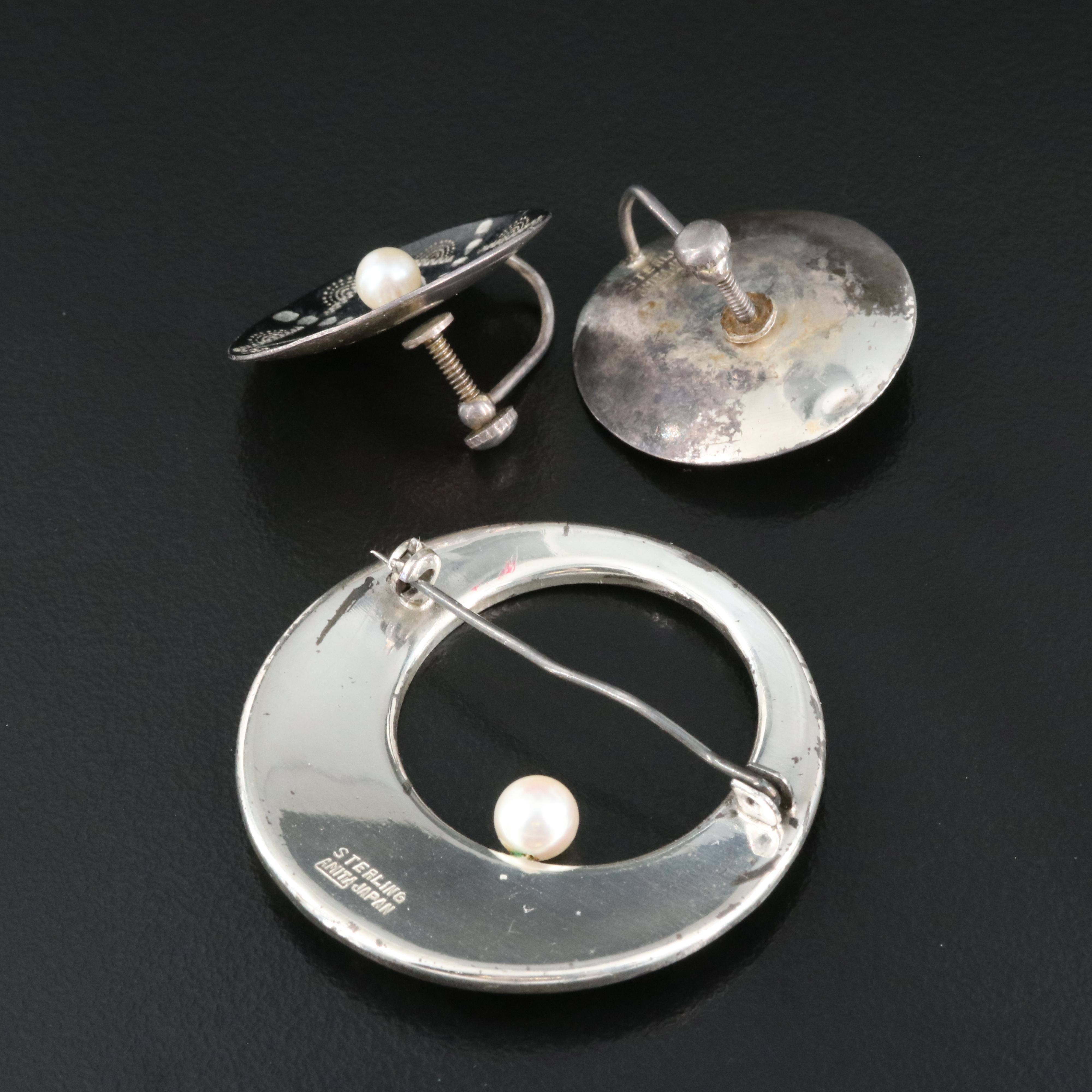 Amita Sterling Pearl Damascene Earrings and Brooch