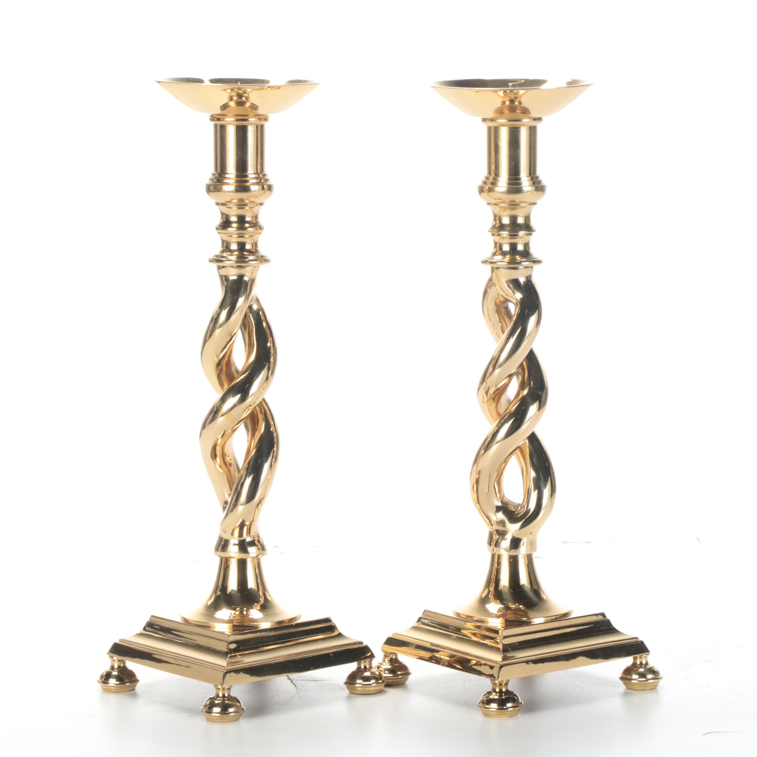 Pair of Barley Twist Lacquered Brass Pricket Candle Holders