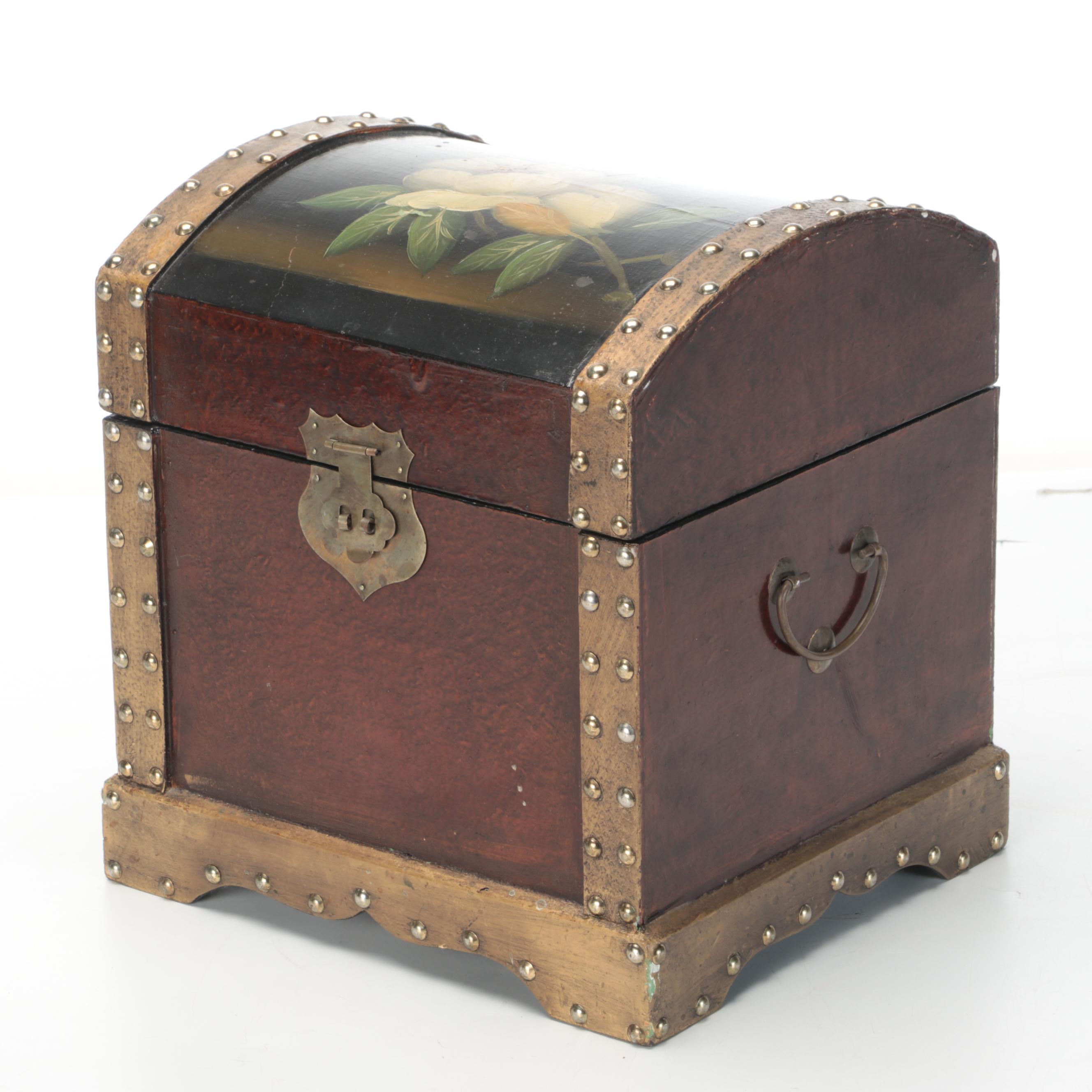 Hand-Painted Magnolia Motif Riveted Dome Top Wooden Boxes