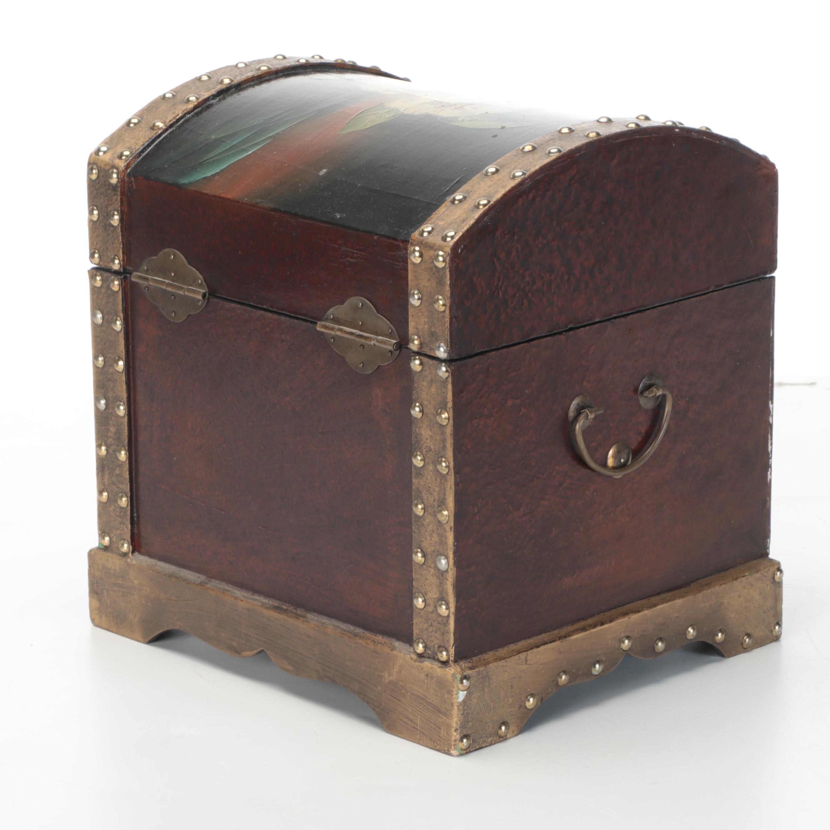 Hand-Painted Magnolia Motif Riveted Dome Top Wooden Boxes