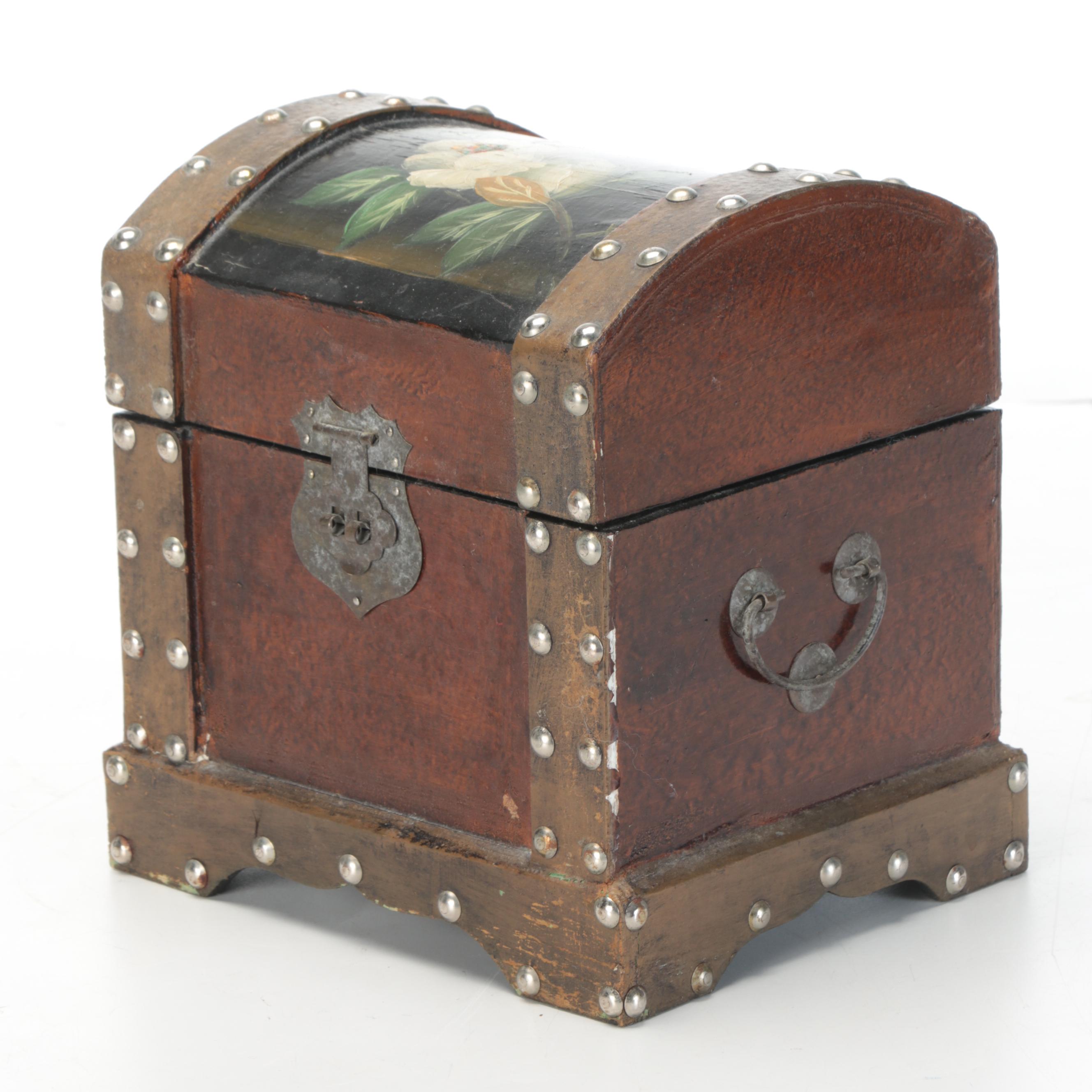 Hand-Painted Magnolia Motif Riveted Dome Top Wooden Boxes
