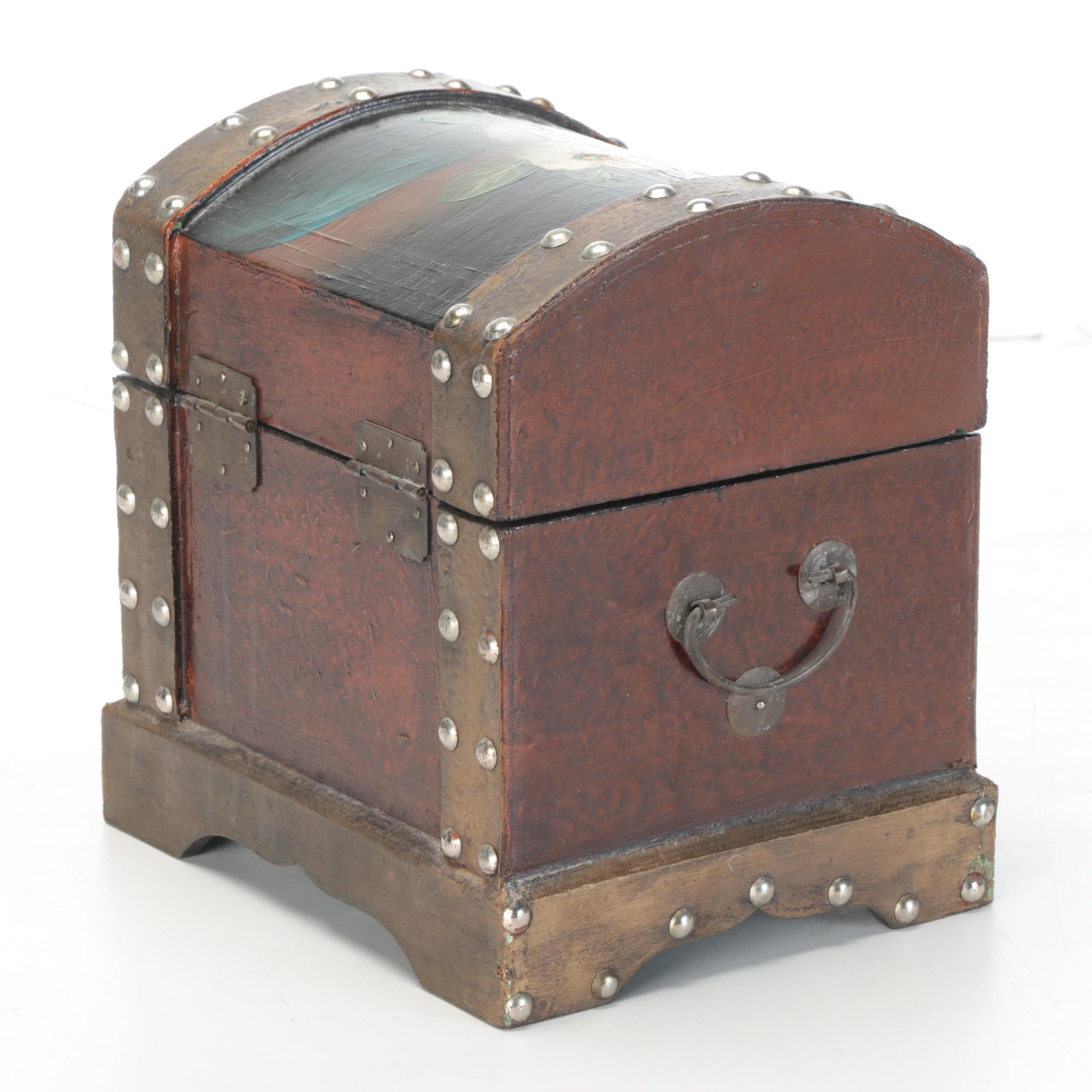 Hand-Painted Magnolia Motif Riveted Dome Top Wooden Boxes