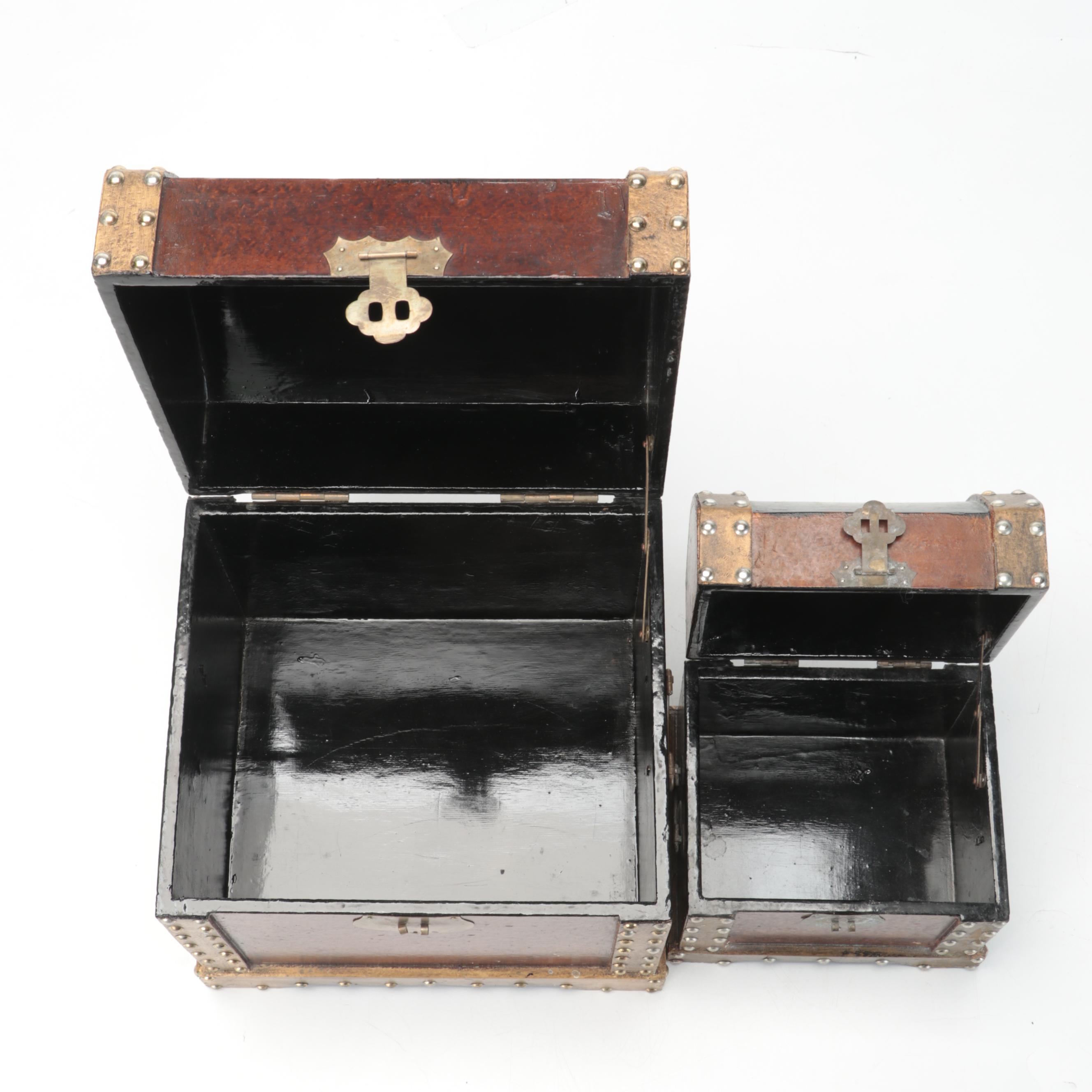 Hand-Painted Magnolia Motif Riveted Dome Top Wooden Boxes