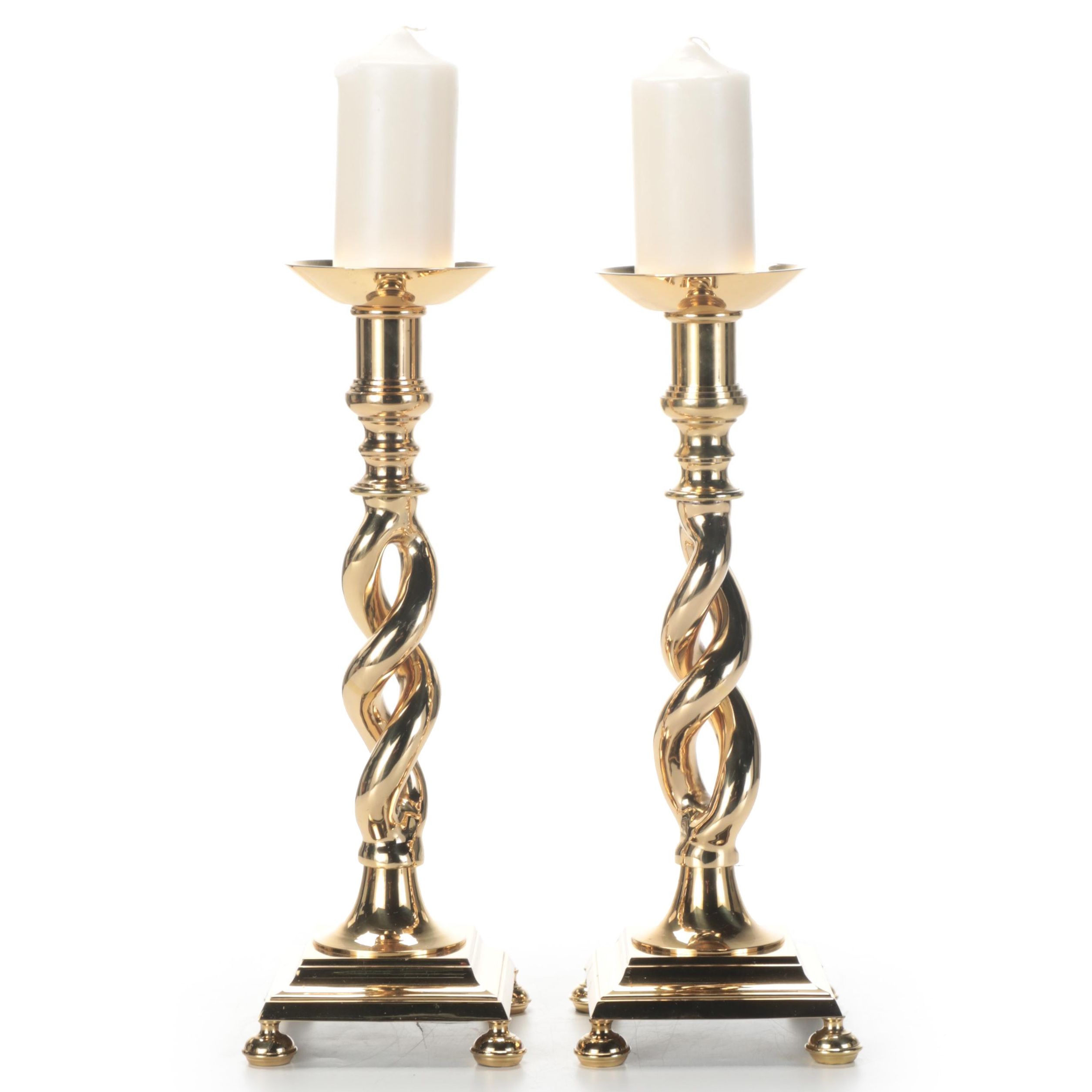 Pair of Barley Twist Lacquered Brass Pricket Candle Holders