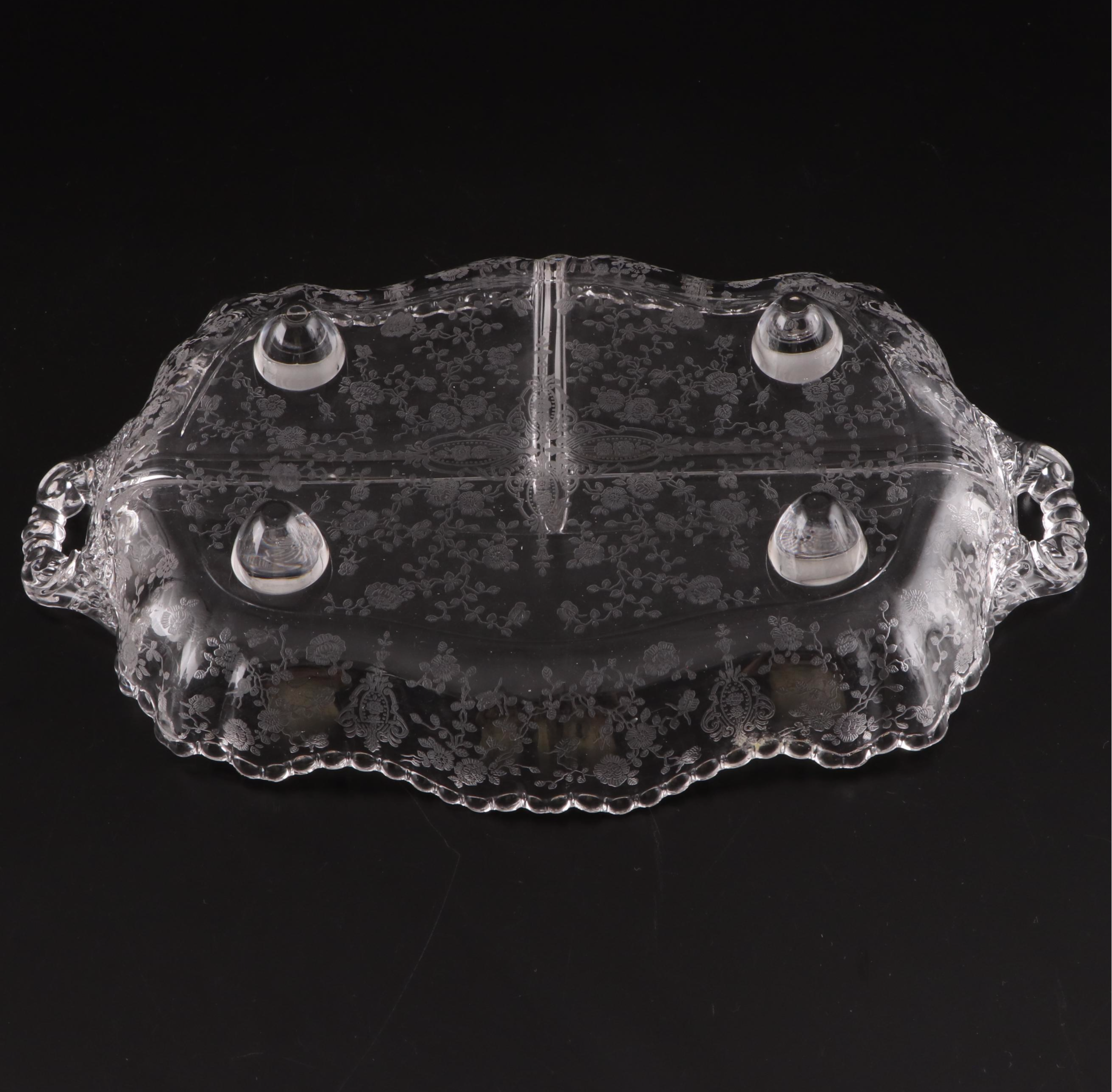 Cambridge Glass Luncheon Plates, Candlesticks and Relish Dish, Mid-20th Century