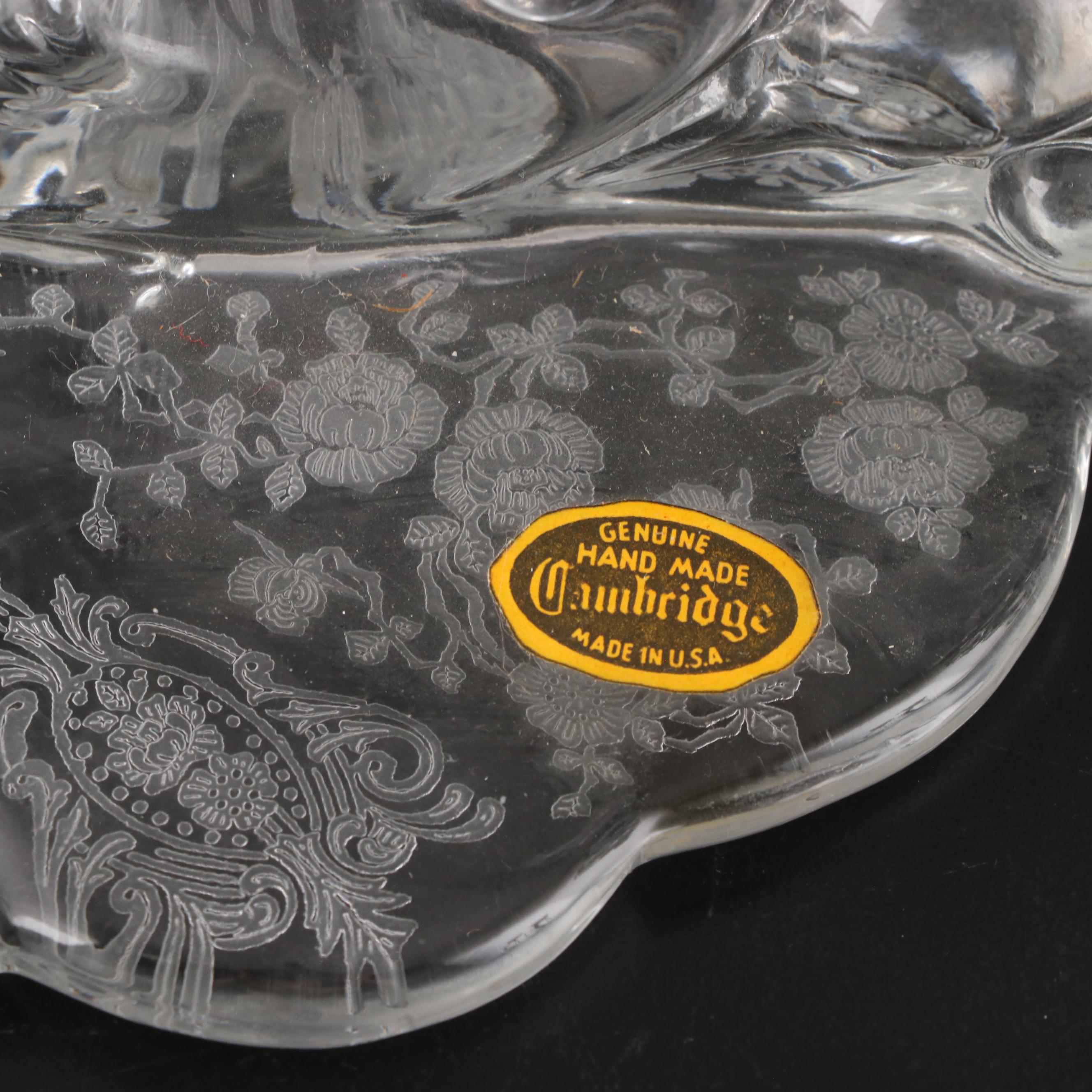 Cambridge Glass Luncheon Plates, Candlesticks and Relish Dish, Mid-20th Century