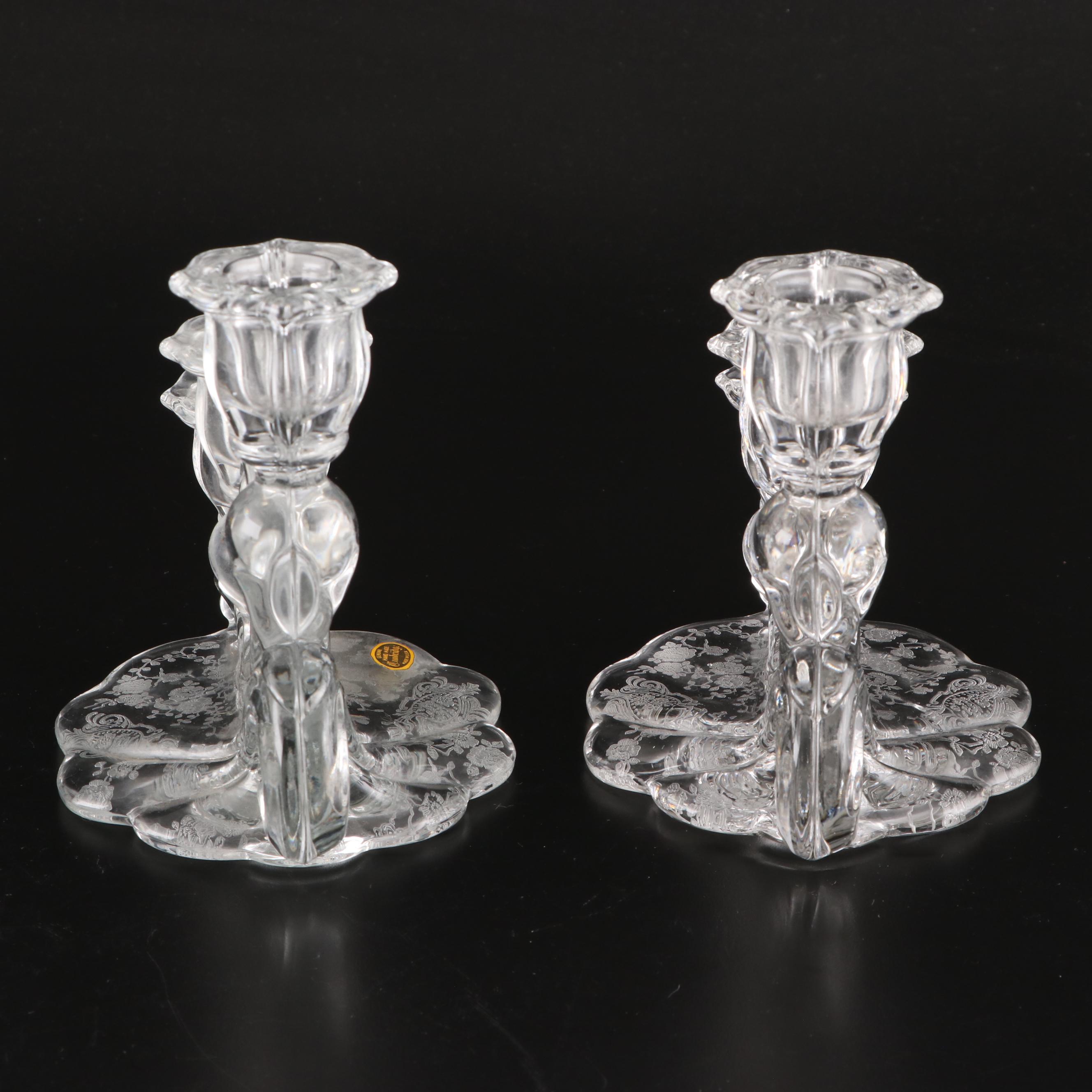 Cambridge Glass Luncheon Plates, Candlesticks and Relish Dish, Mid-20th Century