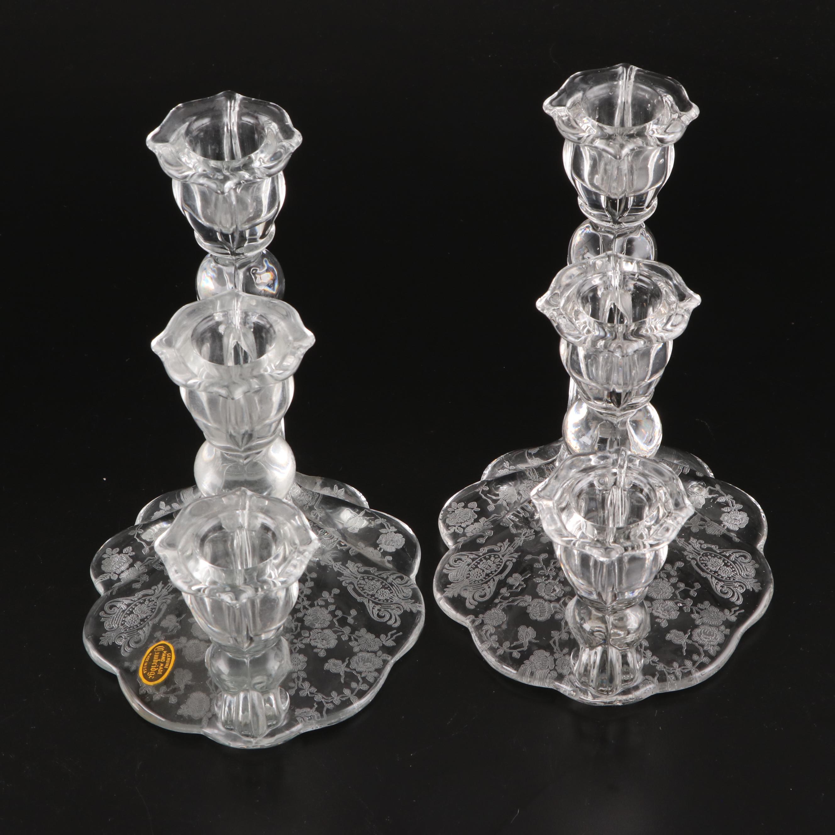 Cambridge Glass Luncheon Plates, Candlesticks and Relish Dish, Mid-20th Century