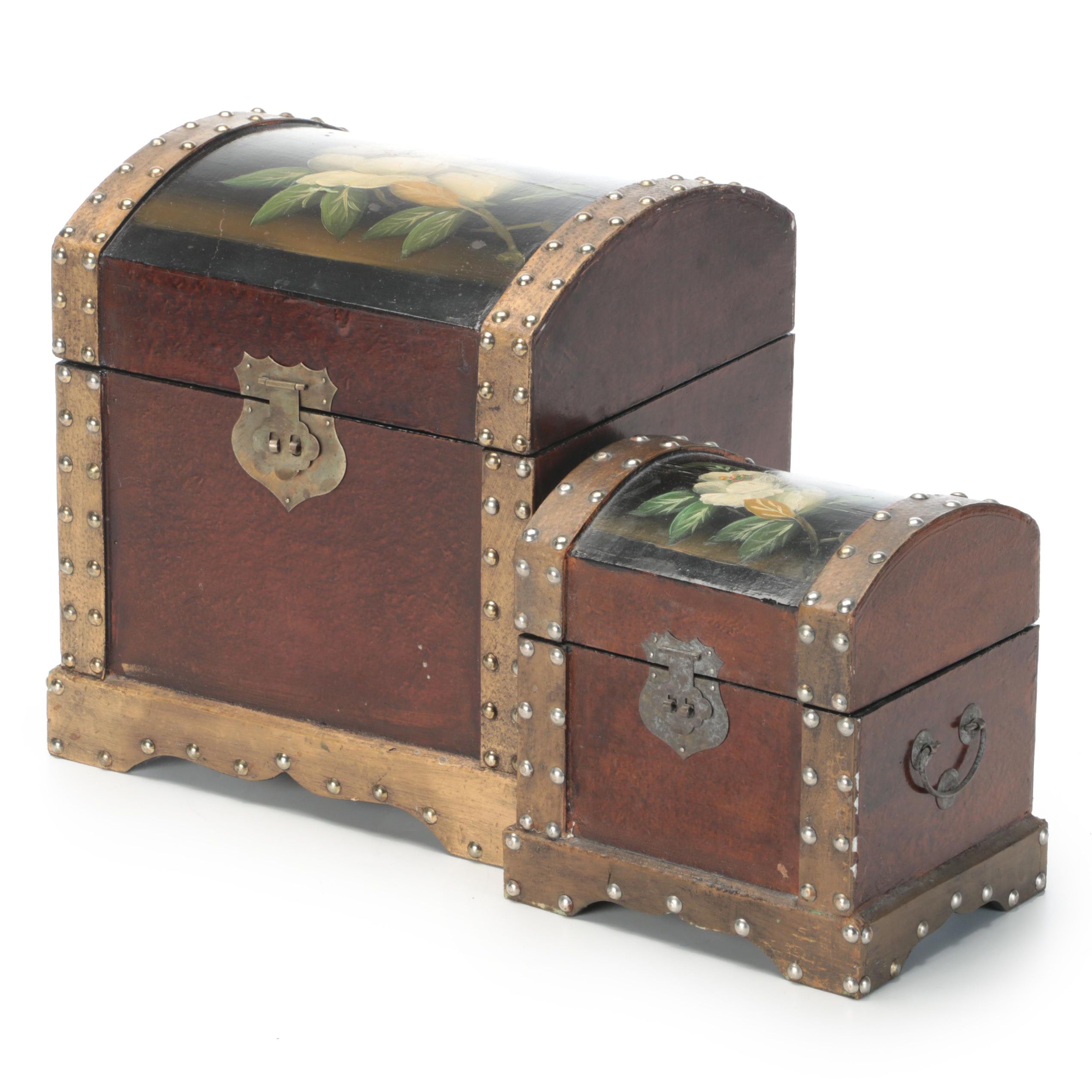 Hand-Painted Magnolia Motif Riveted Dome Top Wooden Boxes