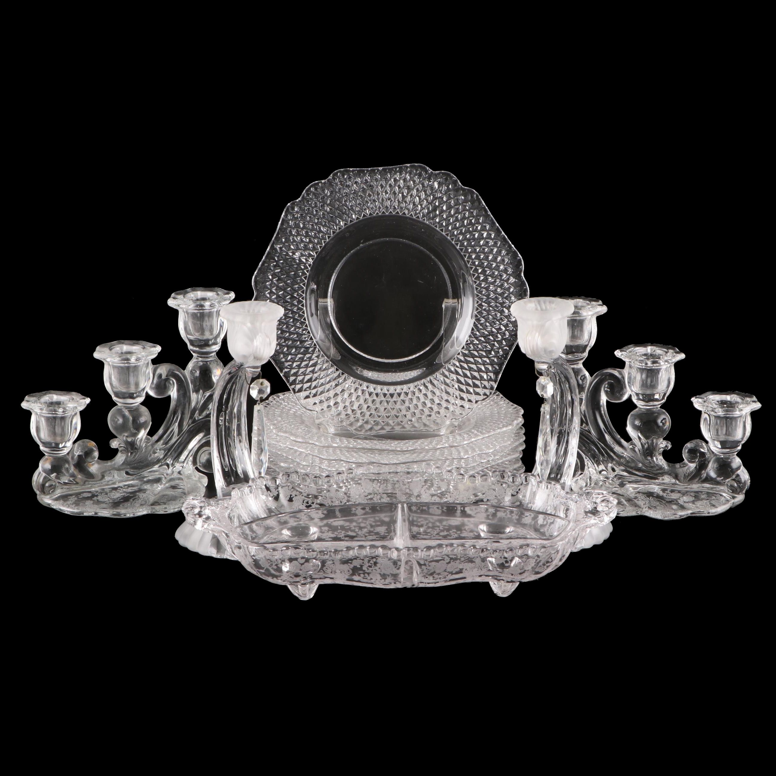 Cambridge Glass Luncheon Plates, Candlesticks and Relish Dish, Mid-20th Century