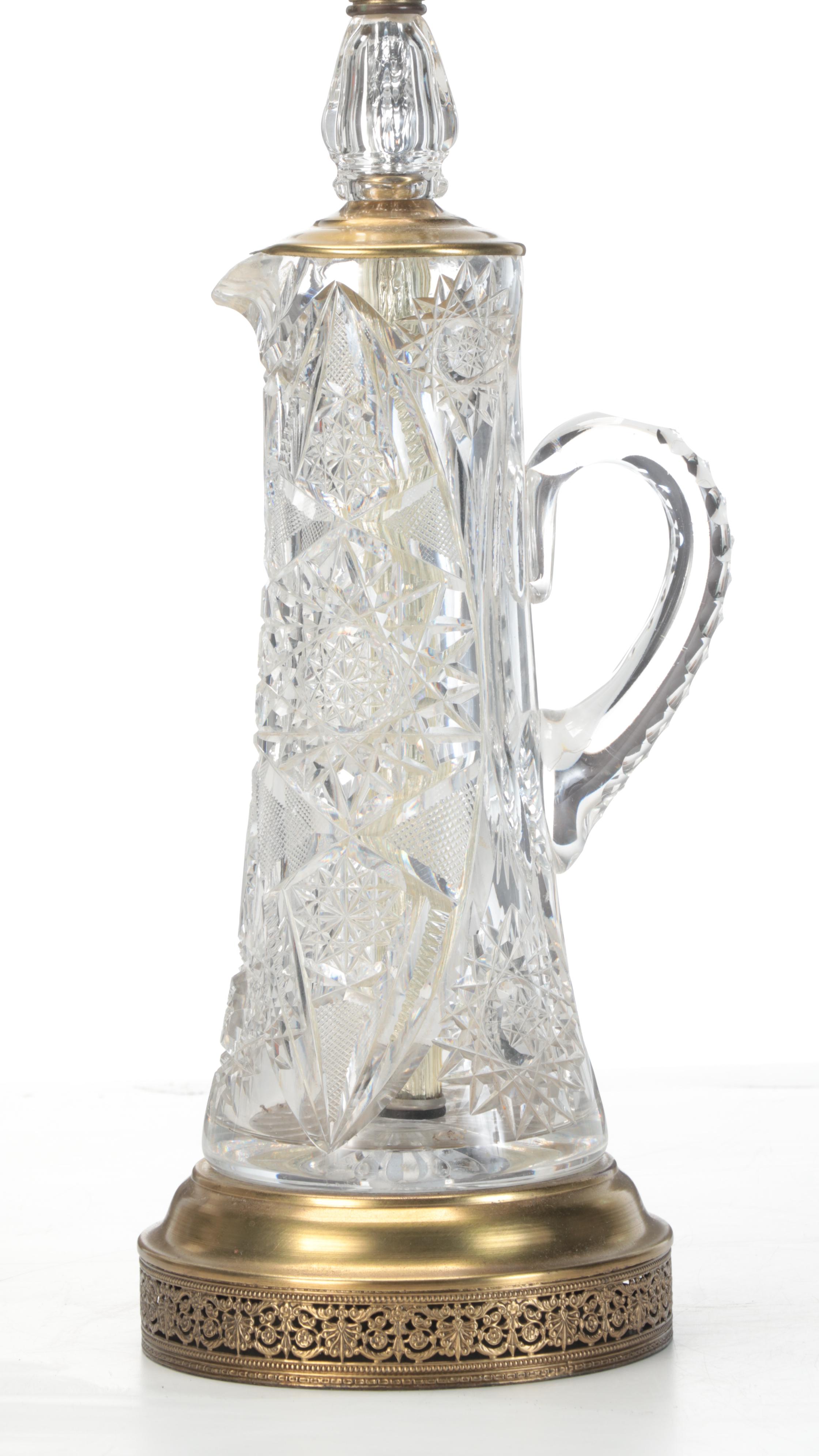 American Brilliant Brunswick Star Cut Glass Pitcher Mounted Table Lamp