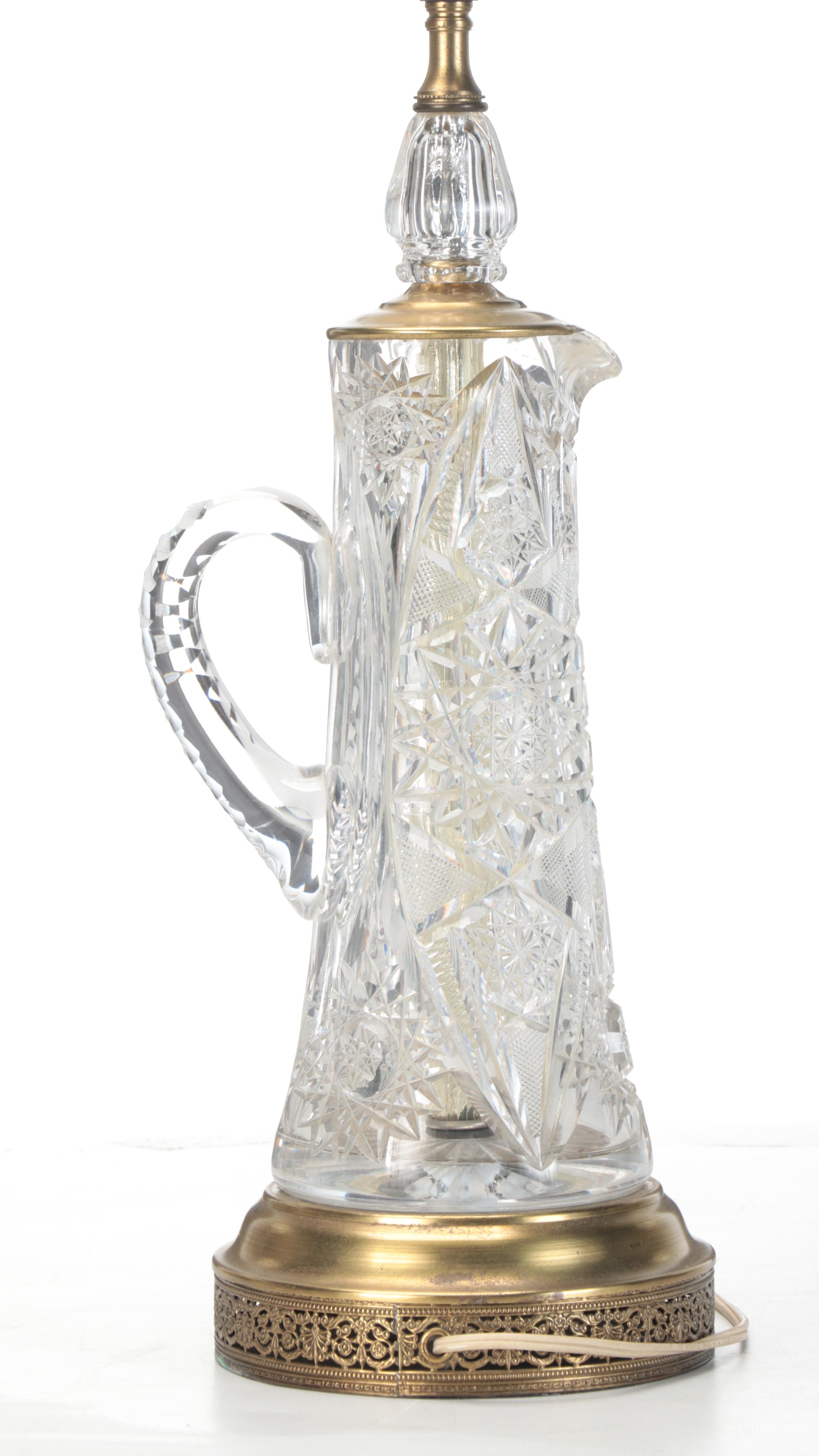 American Brilliant Brunswick Star Cut Glass Pitcher Mounted Table Lamp