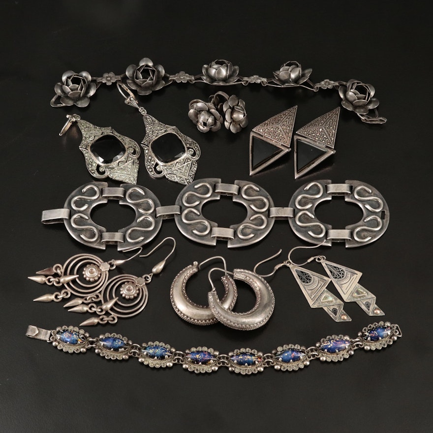 Vintage Sterling Grouping Including Coro, Black Onyx, Abalone and Marcasite