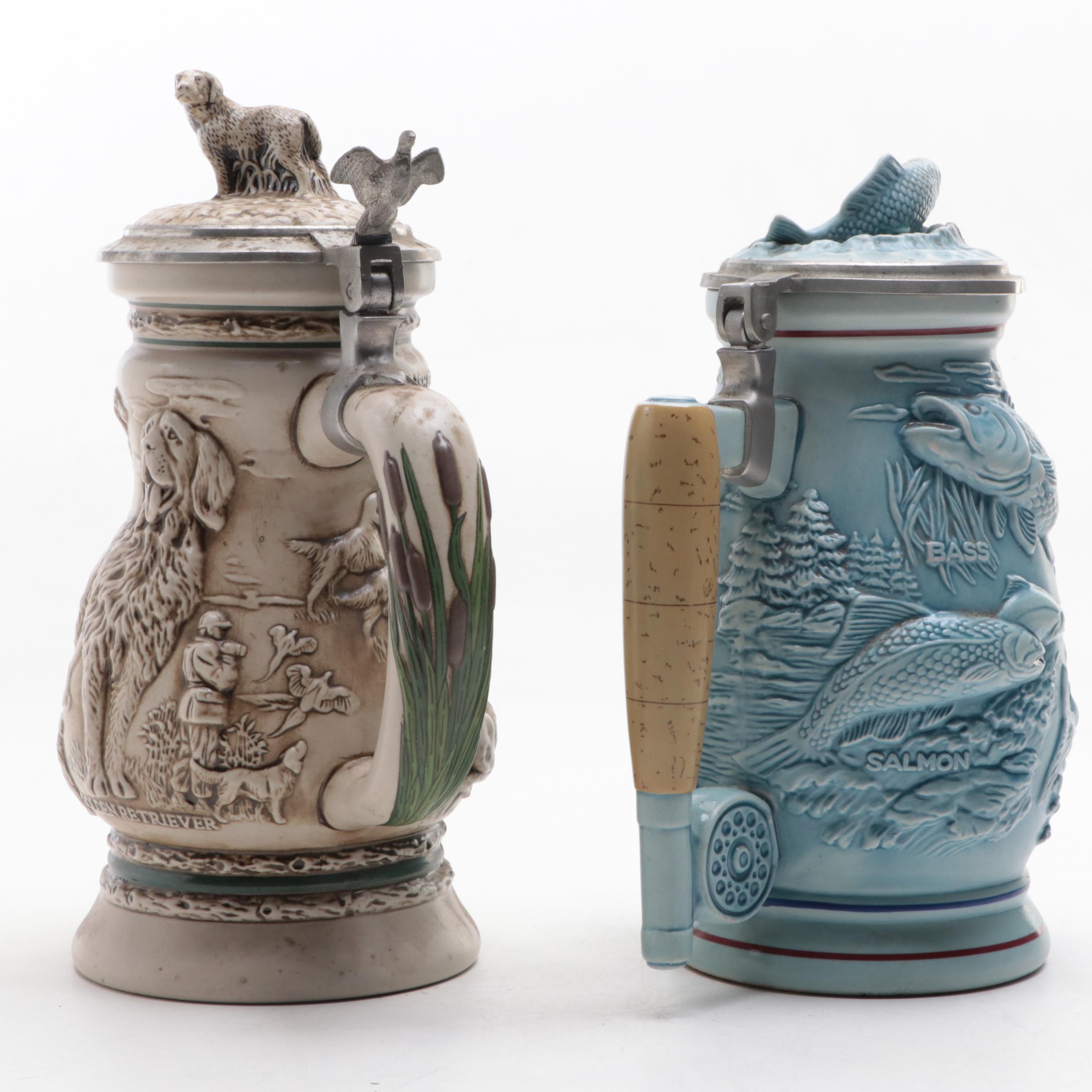 Avon "Great Dogs of the Outdoors" and "Freshwater Fishing" Ceramic Beer Steins