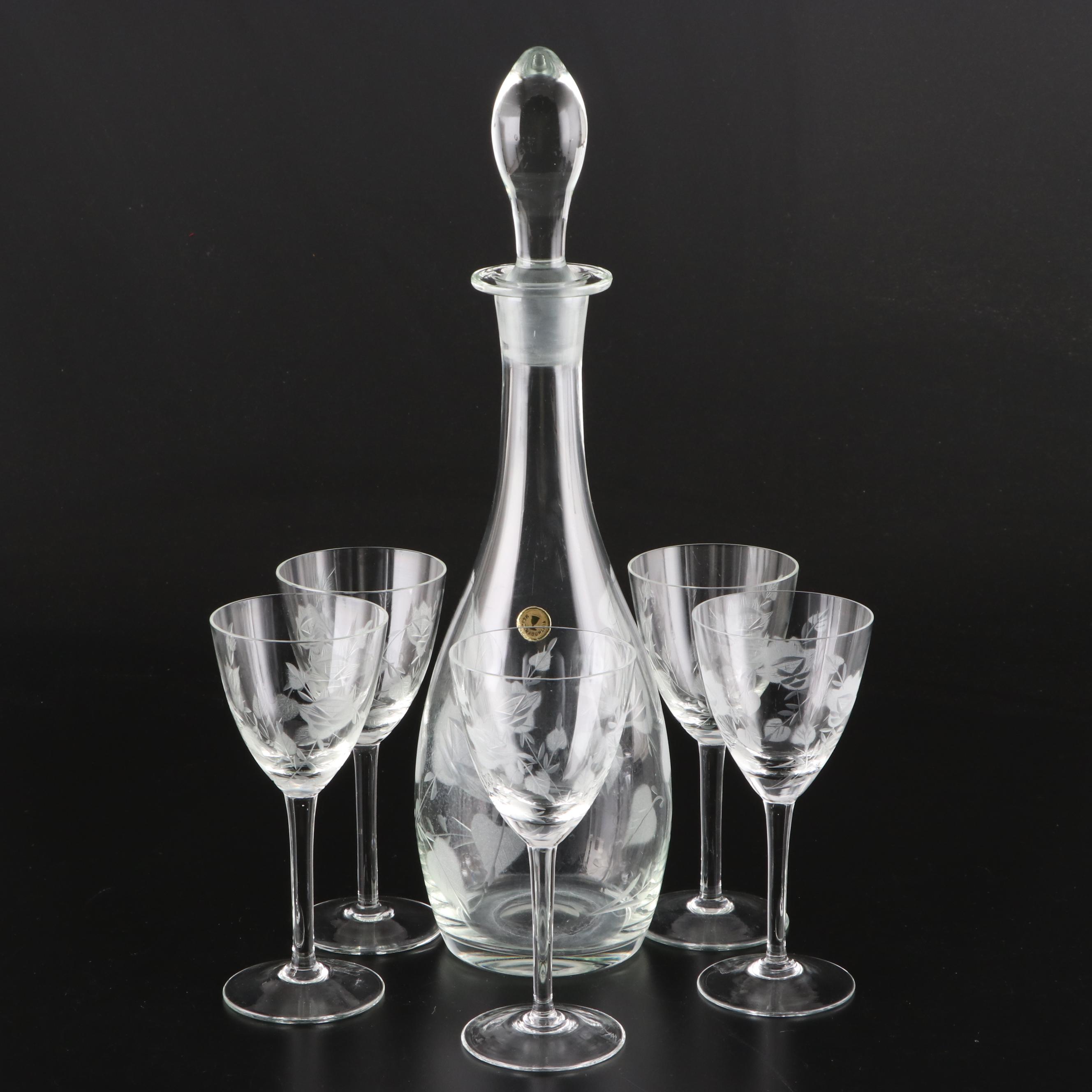 Romanian Acid Etched and Cut Crystal Decanter and Wine Glasses with Liqueur Set