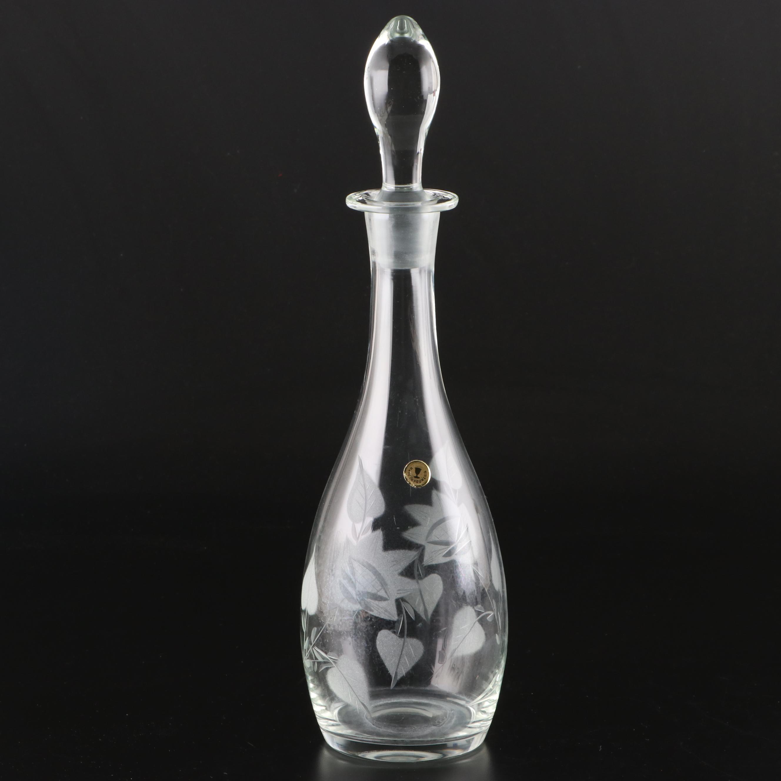 Romanian Acid Etched and Cut Crystal Decanter and Wine Glasses with Liqueur Set